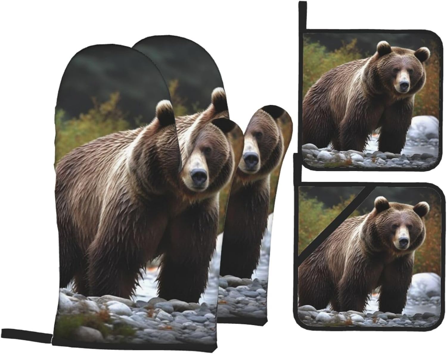 Brown Bear Print Oven Mitts and Pot Holders 4pcs Set High Heat Resistant Hot Pads Waterproof Oven Gloves BBQ Gloves for BBQ Cooking Baking