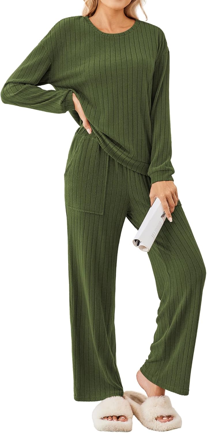 Ekouaer Womens Pajama Sets 2 Piece Ribbed Knit Lounge Sets Long Sleeve Pjs Soft Sleepwear Fall Outfits with Patch Pockets