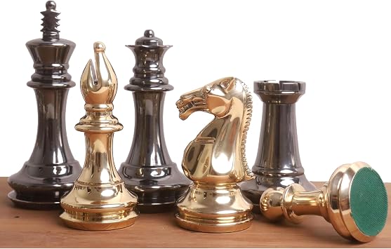 Royal Chess Mall - 3.9" Fierce Knight Series Brass Metal Luxury Chess Set - Pieces Only - Metallic Gold & Grey