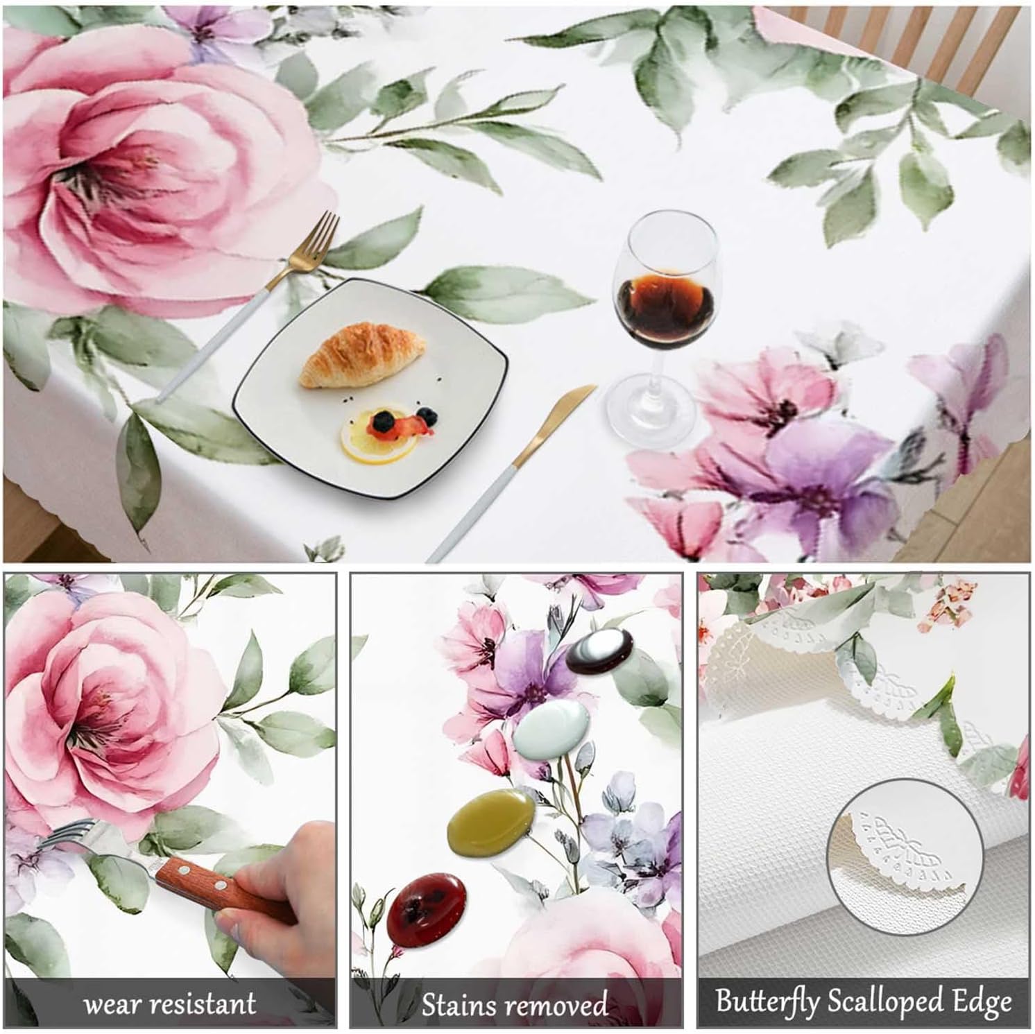 Swono Rose Table Cloth Rectangle Tables Watercolor Pink Flowers Rose Leaves Kitchen Table Cover Oblong 52"X70" Tablecloth for Dining Table Buffet Parties Patio and Camping