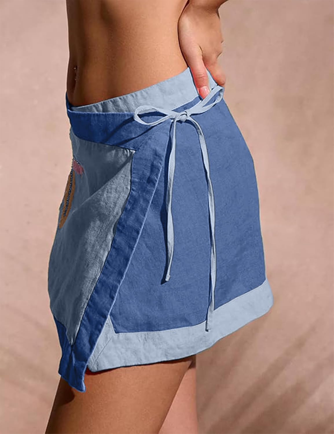 Huaqiao Women's Embroidered Wrap Mini Skirt Summer Cotton Linen Tie Side High Waist A Line Beach Boho Short Skirt