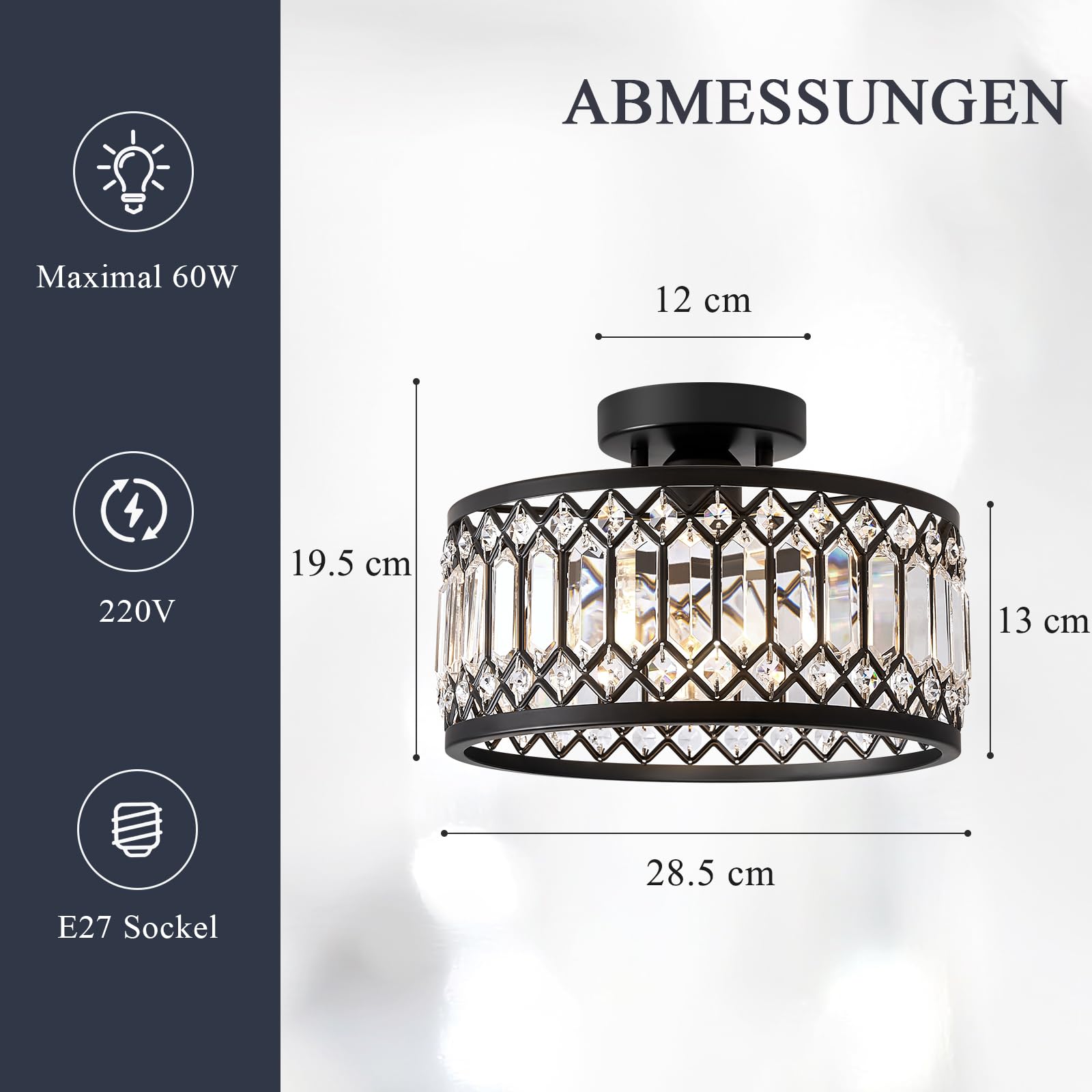 Moderna Luz De Techo De Cristal,Lámpara De Techo De Cristal Negro E27 Araña Redonda, Para La Entrada Del Pasillo Cocina Dormitorio Sala De Estar Iluminación Ø290mm 1-Light