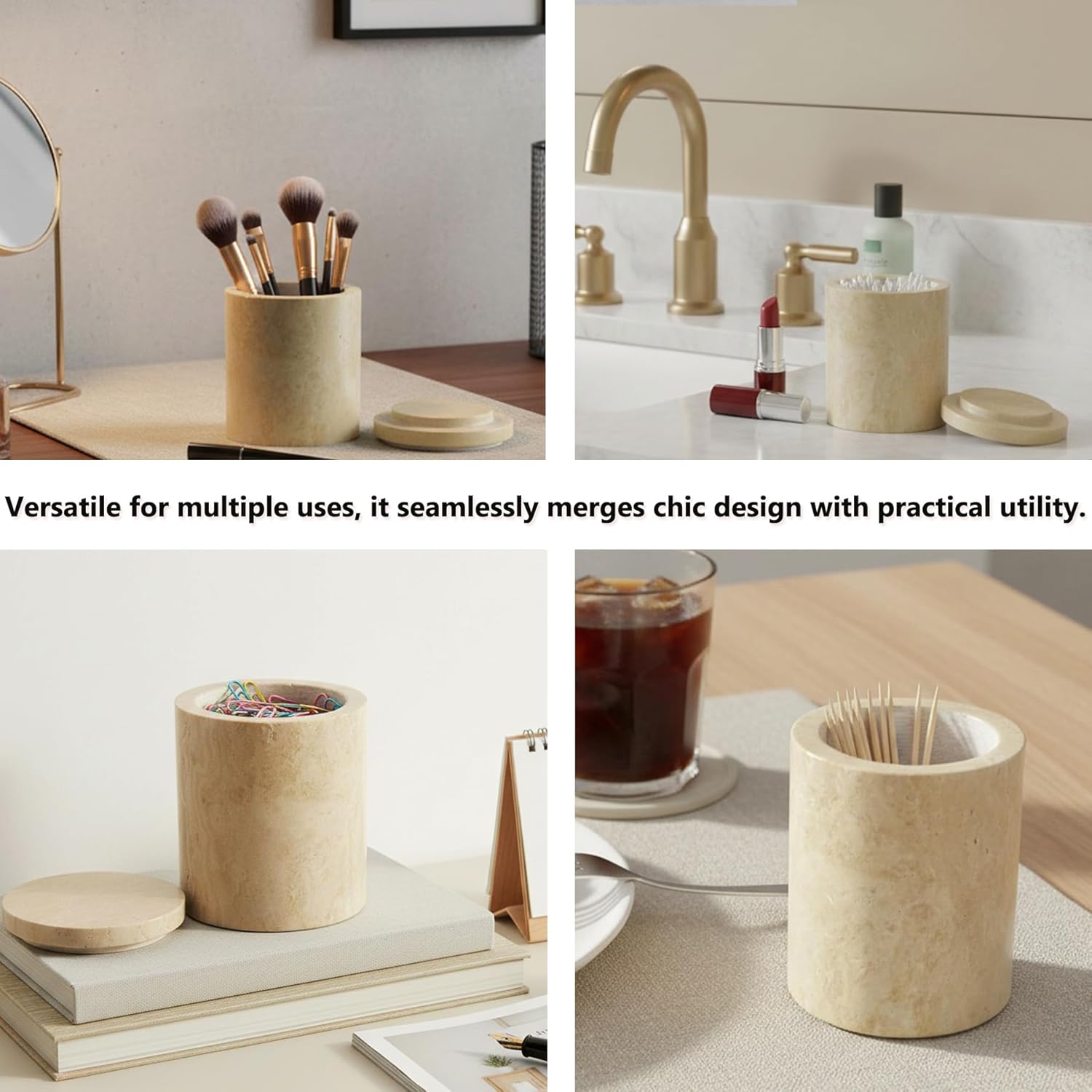 Qtip Holder Cotton Swab Holder with Easy-Lift Lid, 4.55" Tall Natural Travertine Bathroom Canister, Large Makeup Organizer for Floss Picks & Cotton Rounds, Beige Marble Stone Home Decor Storage Jar