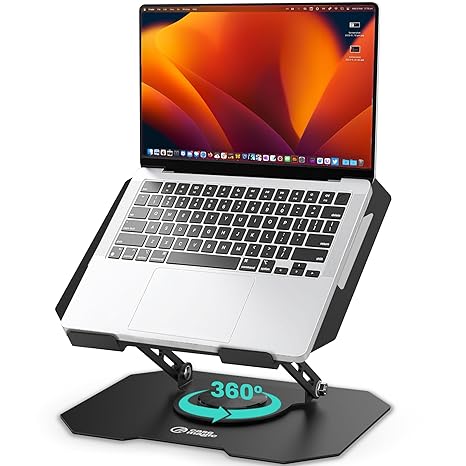 case-magic 360° Rotating Ergonomic Laptop/iPad Stand | Foldable, Adjustable Height & Angle| Premium Anti-Rust Carbon Steel, Fast Heat Dissipation, Anti-Slip Pads, | Supports Laptops Up to 17” (Black)