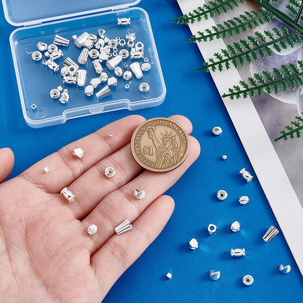 PH PandaHall 80pcs 8 Styles 925 Sterling Silver Plated Beads, 2~7mm Brass Spacer Beads Round/Cube/Faceted Loose Bead Craft Bead for DIY Earrings Bracelets Necklaces Jewelry Making Crafting - Image 3