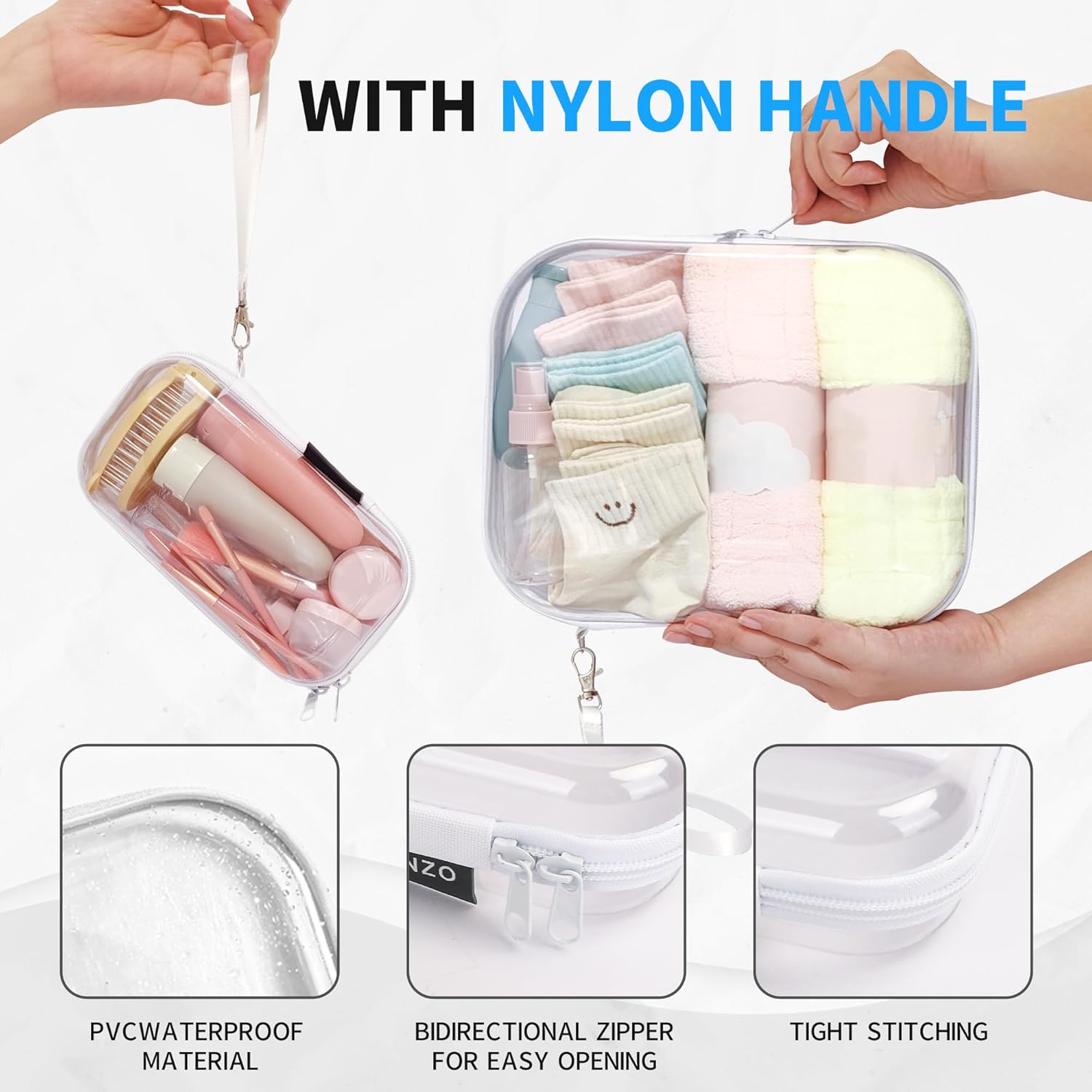 3 PCS Clear Hard Shell Zipper Case With Handle Strap，Clear Plastic Waterproof Cosmetic Makeup Bags Toiletry Pouches for Travel With Double Zipper，Kid's Toy Storage Organizer Bins Box - Image 3