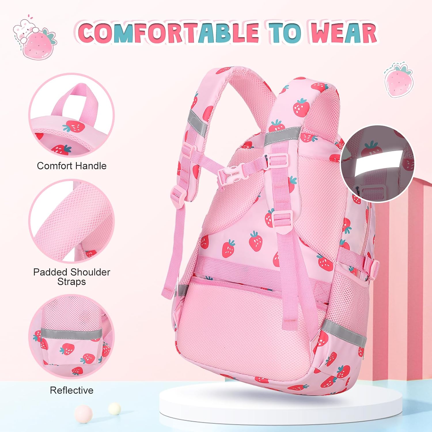 DIGOBAY Kids Backpack for Girls, 3PCS Toddler Girls Backpack Set with Lunch Box & Pencil Case, School Bag Cute Bookbag for Preschool Kindergarten Elementary Student Ages 3-12, Pink Strawberry