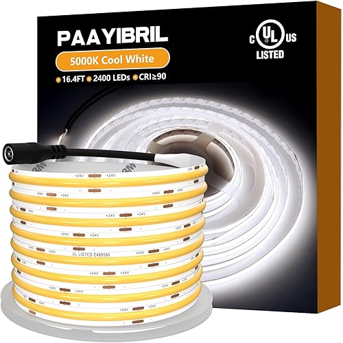 UL Listed COB LED Strip Lights Cool White 5000K, 4600LM, Dimmable, CRI 90+, 16.4ft High Density 2400LEDs, 24V Tape Lights for Cabinets, Bedroom, Kitchen (Power Supply Not Included)