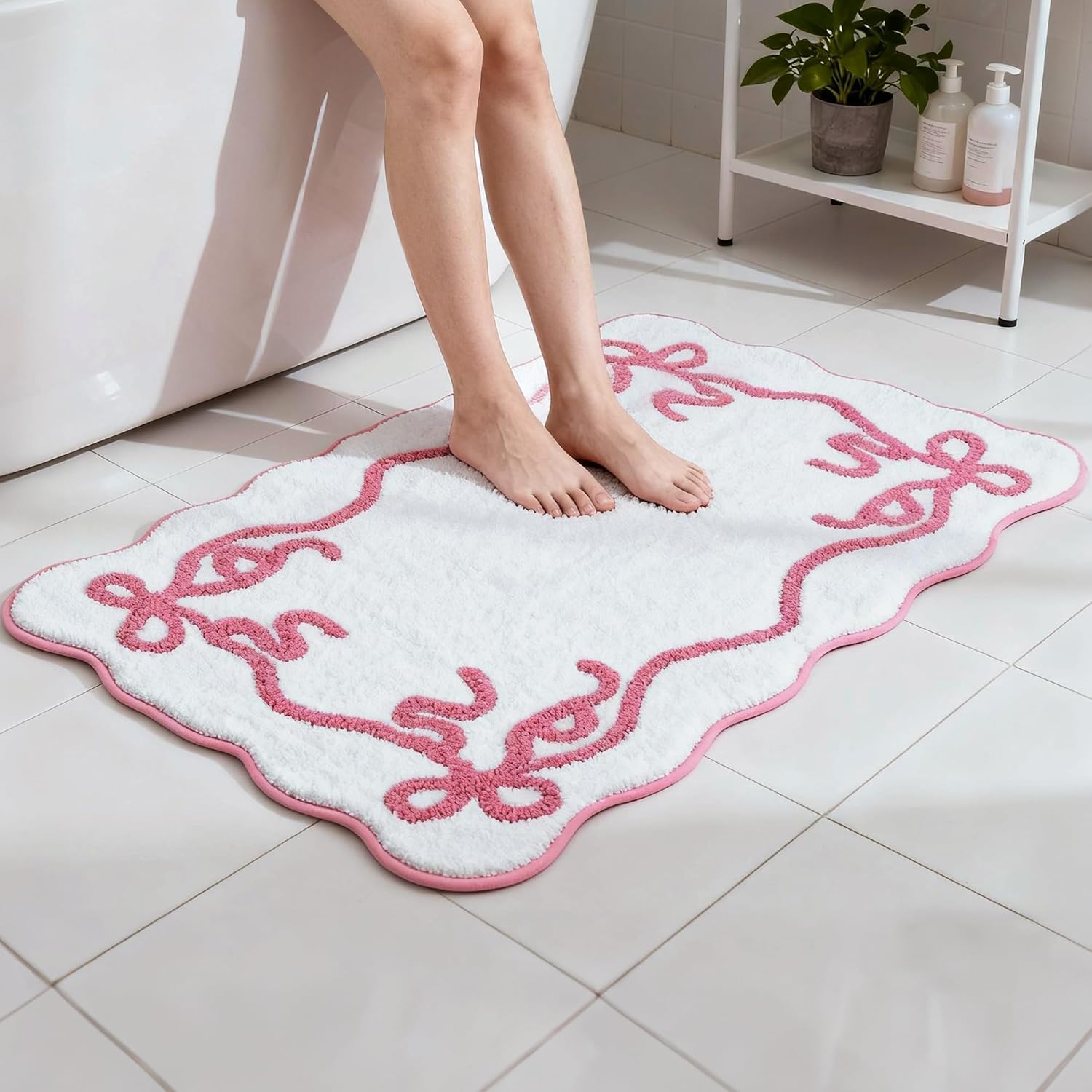 Barossa Design 100% Cotton Pink Bow Bathroom Rug - Scalloped Cute Tufted Bow Bath Mat, Soft Breathable Cotton Bathmat for Bathroom Decor, Non-Slip Hot Melt Adhesive Backing & Washable, 20"x32"