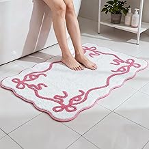 Barossa Design 100% Cotton Pink Bow Bathroom Rug - Small Scalloped Cute Tufted Bow Bath Mat, Soft Breathable Cotton Bathmat for Bathroom Decor, Non-Slip Hot Melt Adhesive Backing & Washable, 17"x24"