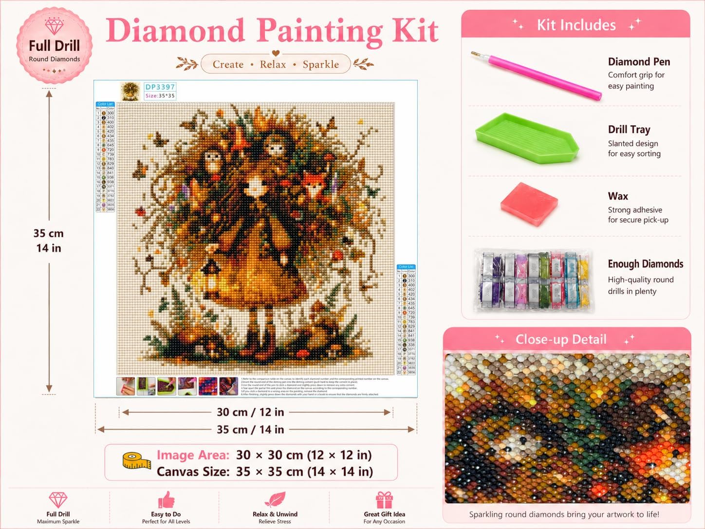 Forest Fairy Diamond Painting Kit for Adults, 5D Full Drill Cute Woodland Girl with Owl Fox Hedgehog, DIY Round Diamond Art Painting, Magical Cottagecore Gem Art for Home Wall Decor, 13.8×13.8 inch