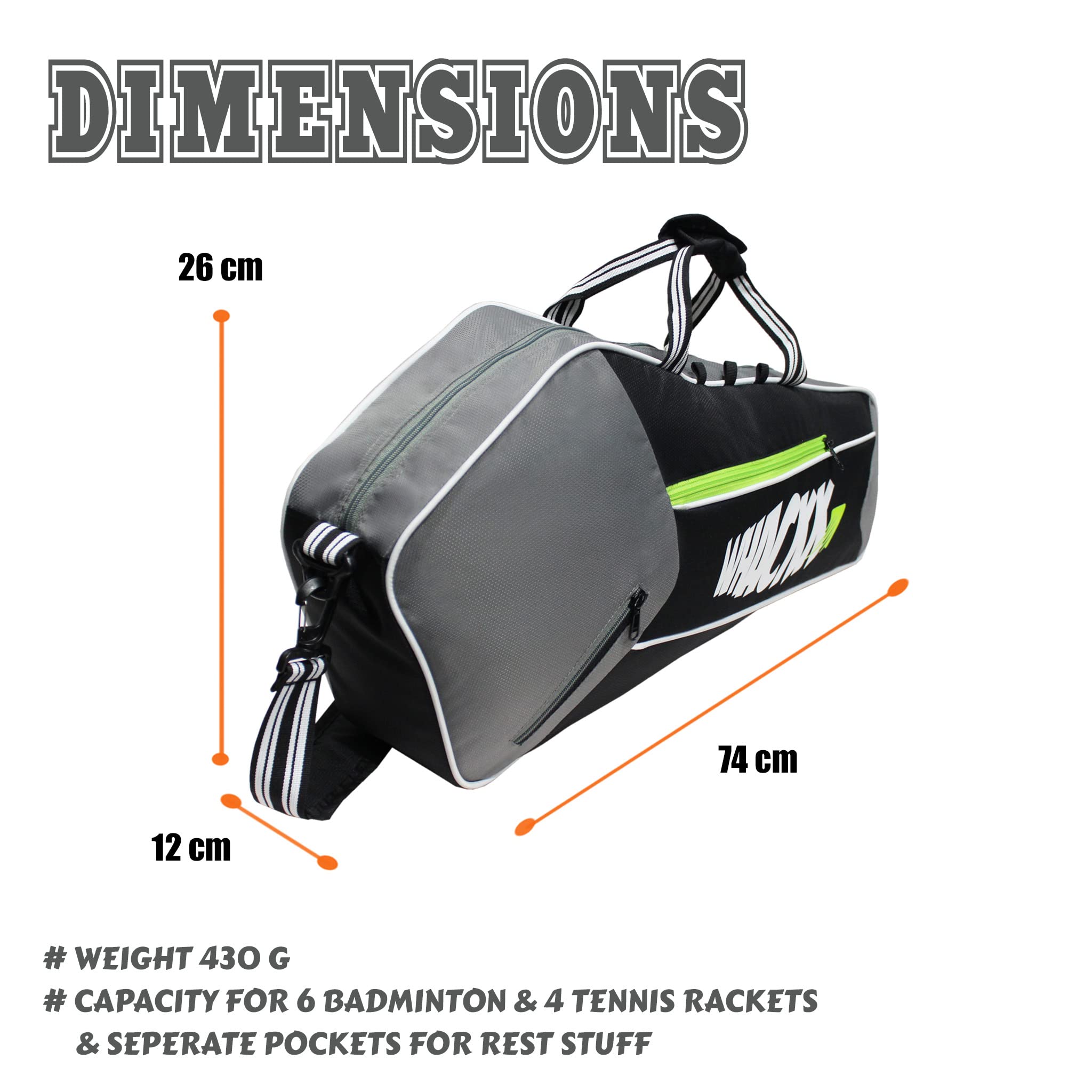 Whackk Break Point Unisex Lightwieght Stylish Tennis Badminton Squash Shuttle Equipment Kit Bag Cover | Water Bottle & Mobile Pocket |Rackets Tennis-4 Squash-4 Badminton-8 (Black Grey) - Made in India - Image 2 thumbnail