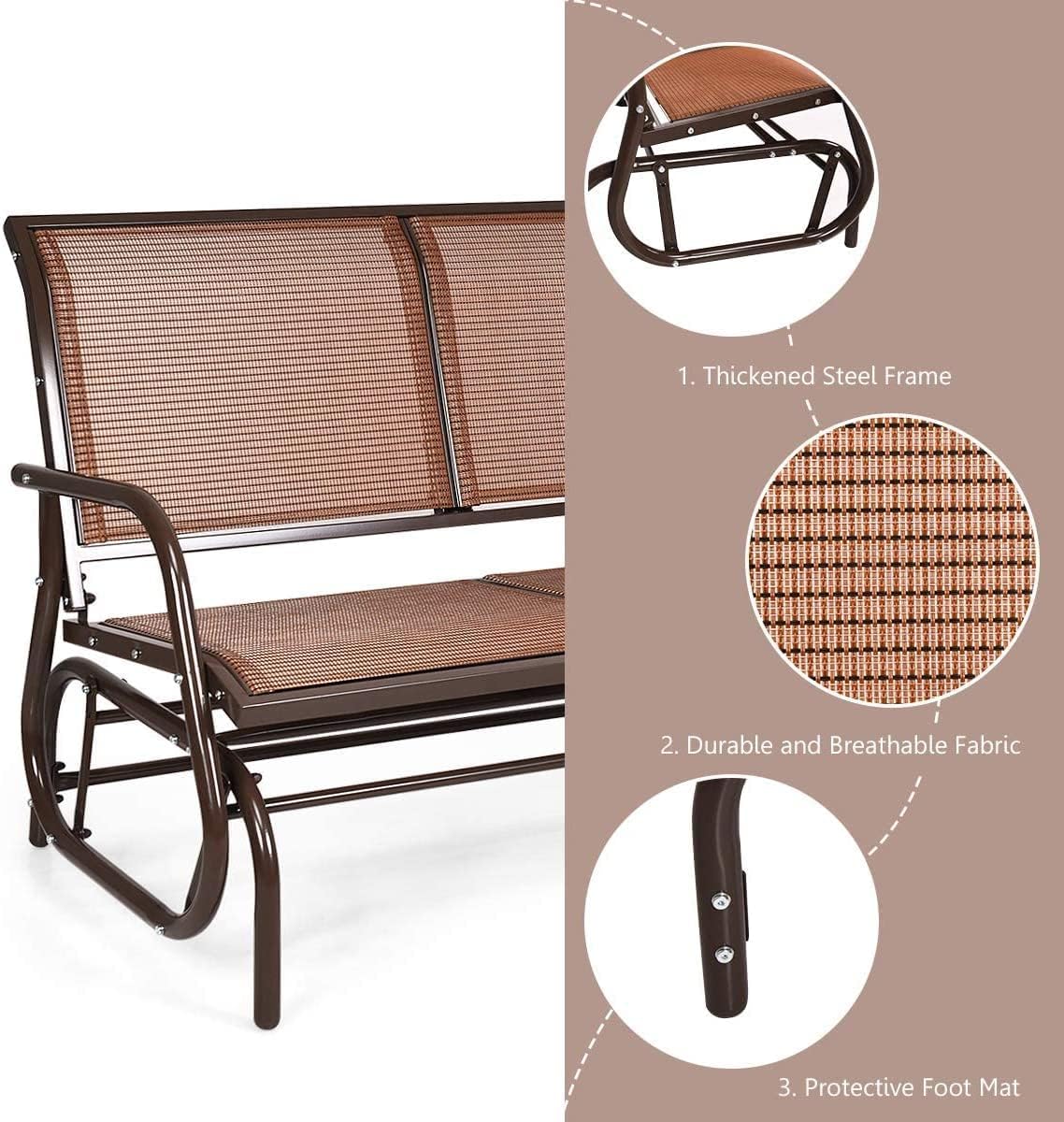 LDAILY LUARANE Swing Glider Chair, Heavy-Duty Steel Frame 2-Person Outdoor Swing Bench, Sliding Rocker Double Seat Suitable for Backyard, Garden, Poolside, Lawn (Brown)