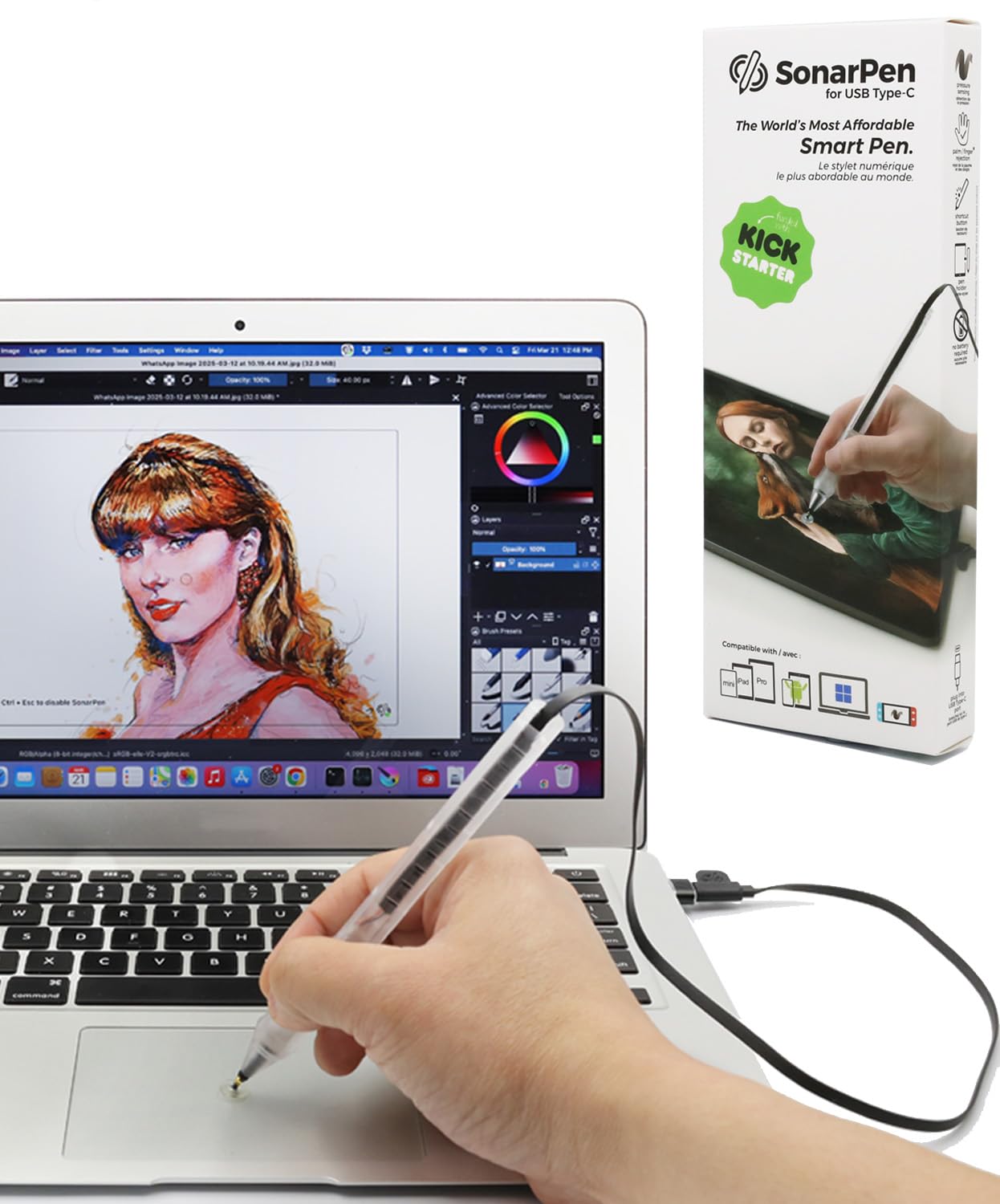 SonarPen (USB C): Batterieloser, druckempfindlicher Eingabestift, kompatibel mit iPad/iPhone/Android/Mac/Windows PC und Switch. Mit Handballenabweisung und Schnelltaste. (Durchsichtig Schwarz)