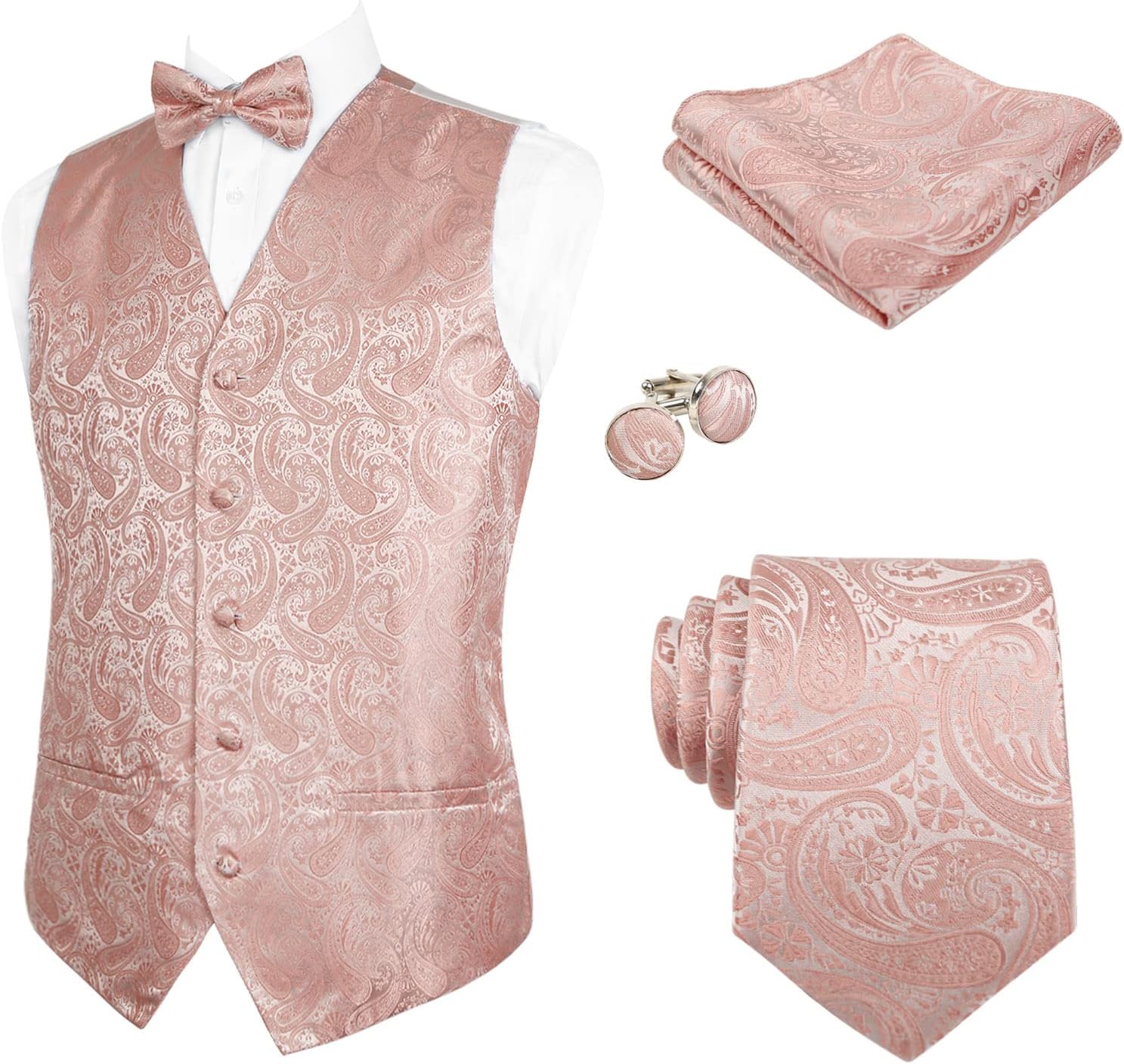 Mens 5pcs Paisley Suit Vest Classic Jacquard Button-Down Waistcoat Set