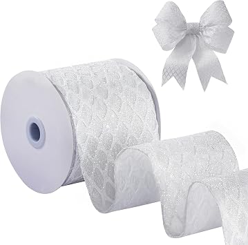 White Wired Mesh Ribbon, 10cm x 10 Yards, Glitter Mesh Ribbon, Suitable for Wreath Decoration, Christmas Tree Decoration, Christmas Tableware and Tablecloth Decoration