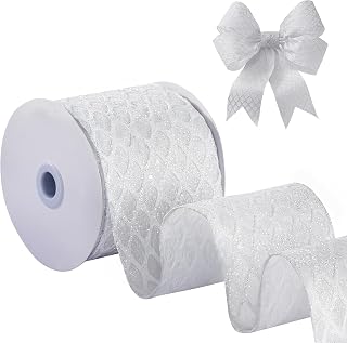 White Wired Mesh Ribbon, 10cm x 10 Yards, Glitter Mesh Ribbon, Suitable for Wreath Decoration, Christmas Tree Decoration, Christmas Tableware and Tablecloth Decoration