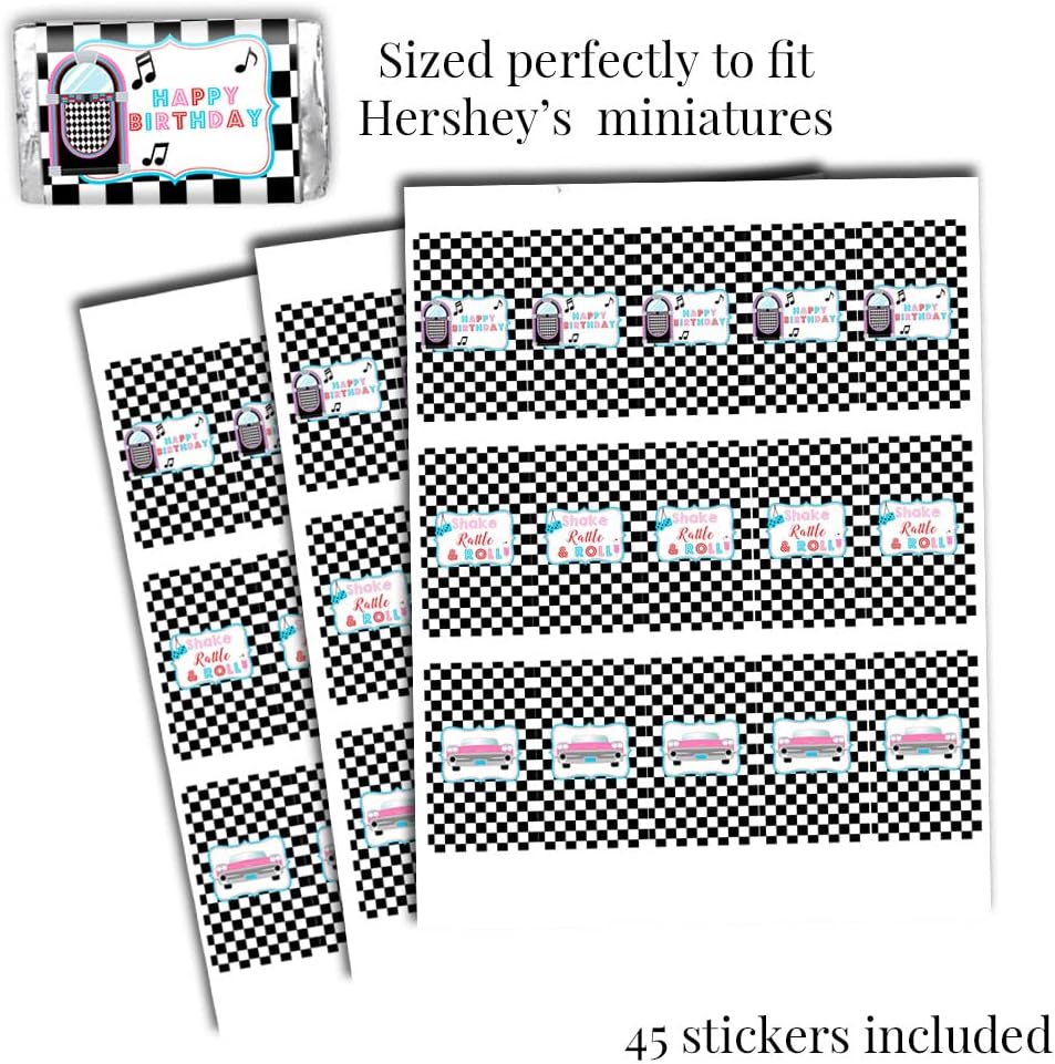 Sock Hop Party Favors Sticker Bundle, 429 Pieces with 60 2 Inch Circle Labels, 45 Mini Candy Bar Wrappers, 324 Kiss Stickers, 50s Party Favors and Retro Birthday Stickers for Kids by Amanda Creation image 5