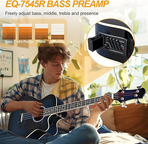 Miniatura 4 de Ktaxon Bajo acústico de 4 cuerdas, tamaño completo, kit de bajo con bolsa portátil, cable premium, llave, correa, púa (Azul)