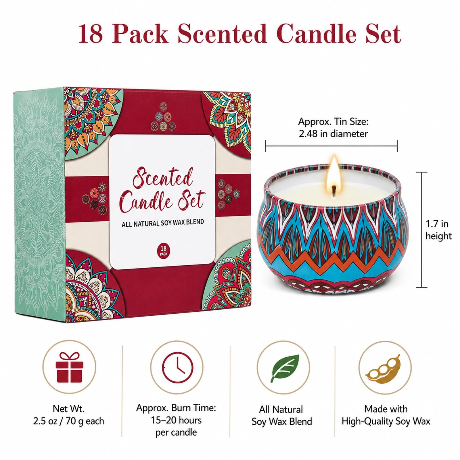 Set regalo di candele profumate, confezione da 18 candele in cera di soia, 70 g, barattoli decorativi in metallo con fragranze assortite, contenitori riutilizzabili in ferro per casa, bagno, spa, yoga
