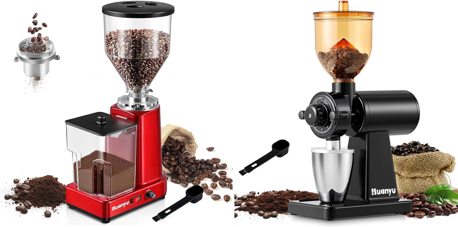 Huanyu Flat Burr Coffee Grinder Large Capacity 35oz Red and Huanyu Electric Coffee Bean Grinder with Closed Grinding System Anti-Static Design for Dust-Free Home Use Bundle