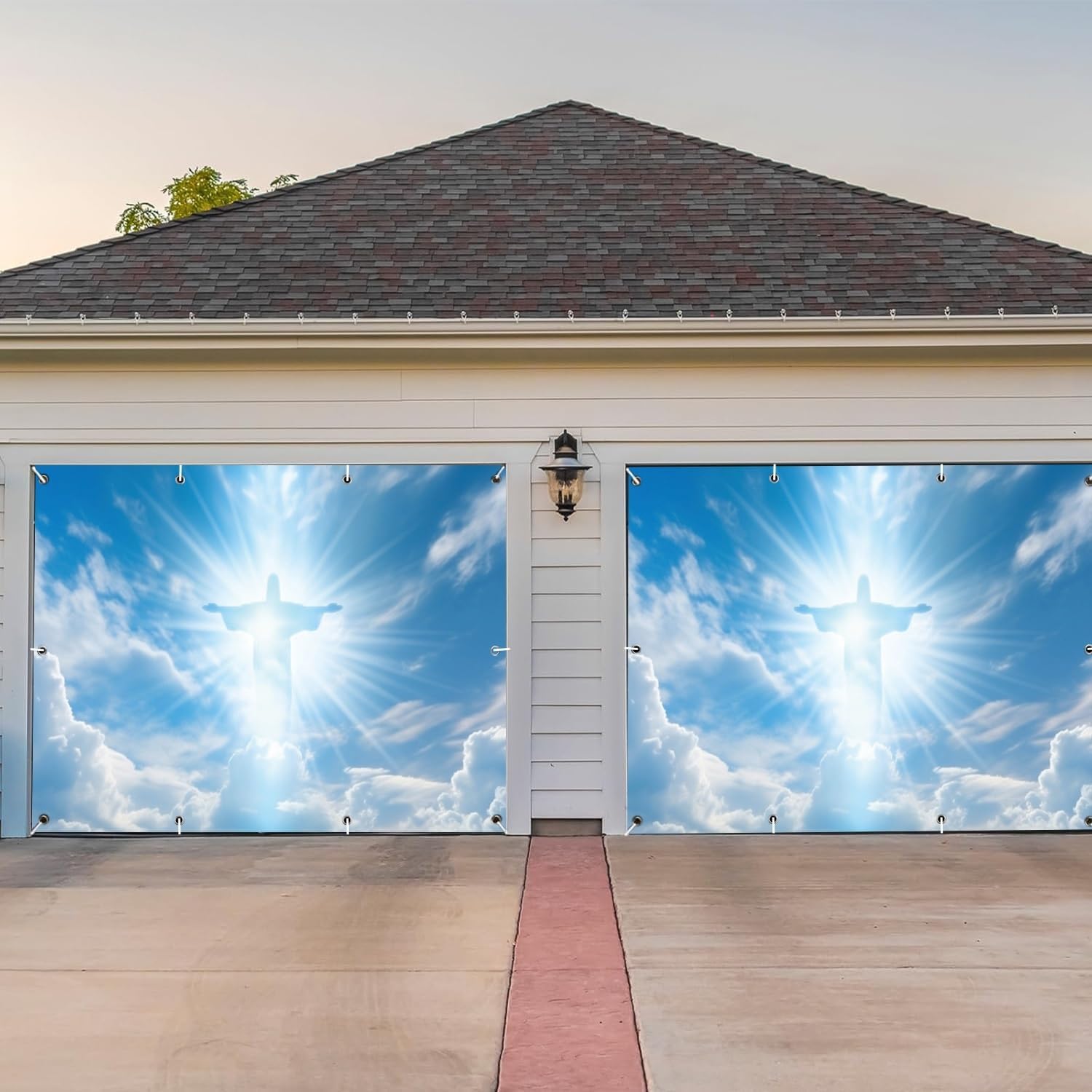 OERJU Heaven Garage Door Cover Jesus Cross Religious Easter Garage Door Banner Decorations Easter Mural Christian Church Events Party Supplies Indoor Outdoor Wall Cover Home Decor 7x8ft