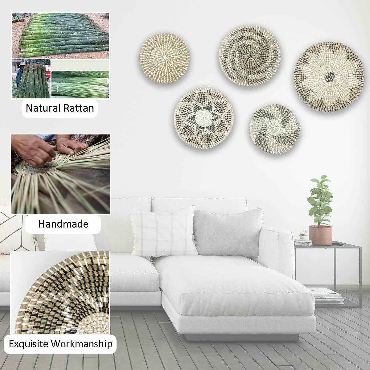 JEKEJIAJIU Set of 5 Rattan Hanging Wall Baskets - Seagrass Boho Wall Art for Living Room or Bedroom