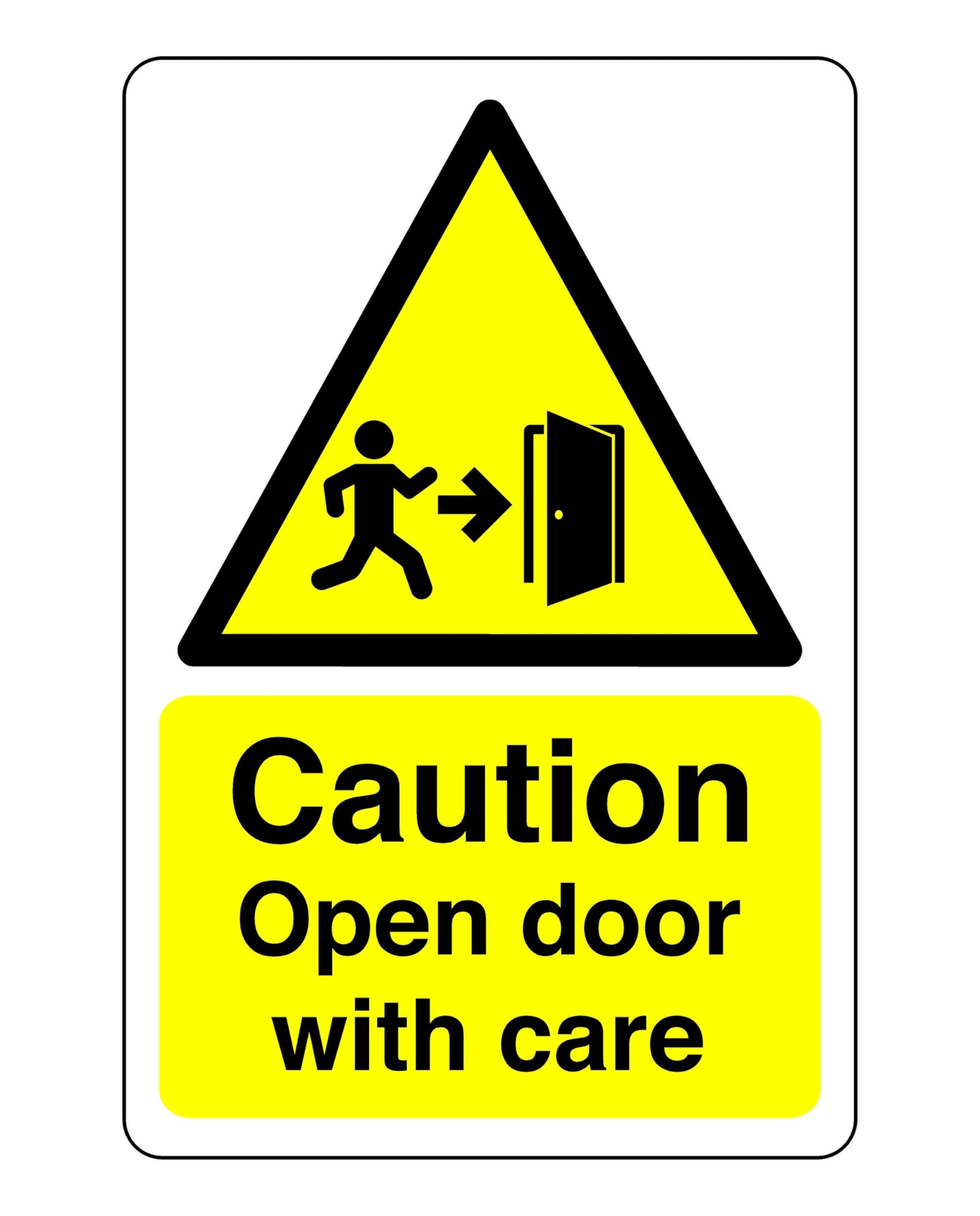 Caution open door with care sign - 1.2mm Rigid plastic for indoor/outdoor usage (300mm x 200mm) Viewing Distance within 7m.