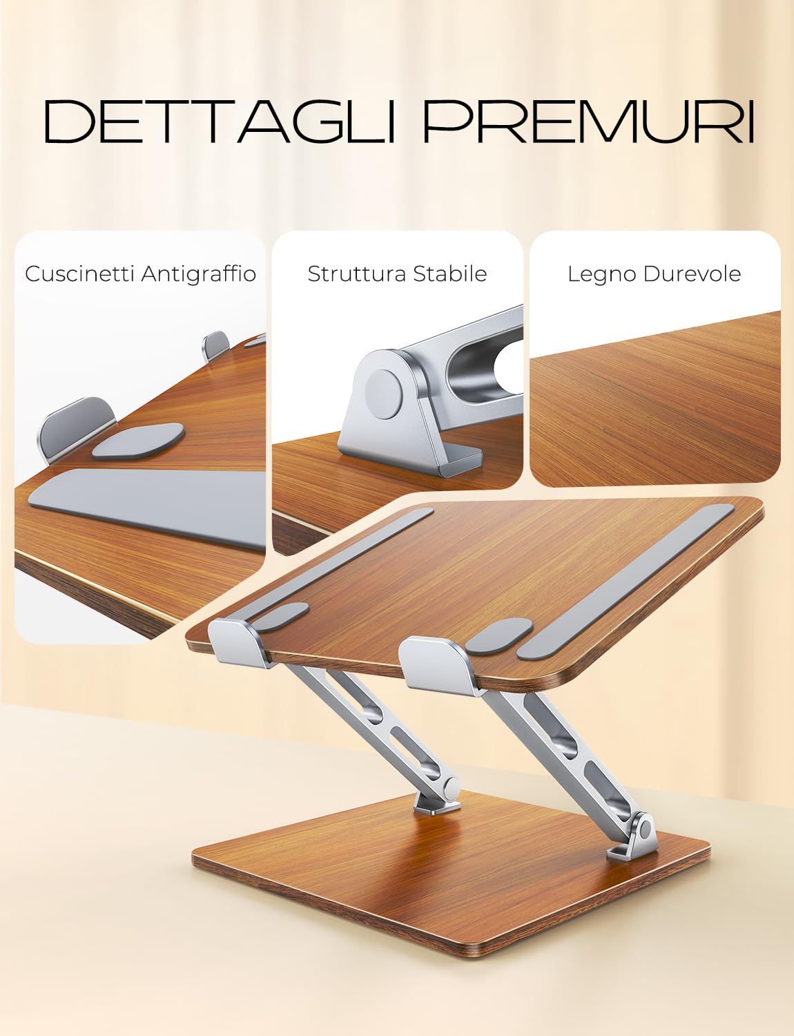 CIRYCASE Supporto PC Portatile Ergonomico, Laptop Stand Legno & Alluminio Rialzo PC Scrivania Doppia Barra, Regolabile Altezza Pieghevole, Supporti Libri da Cucina Compatibile con MacBook B28 10-16"