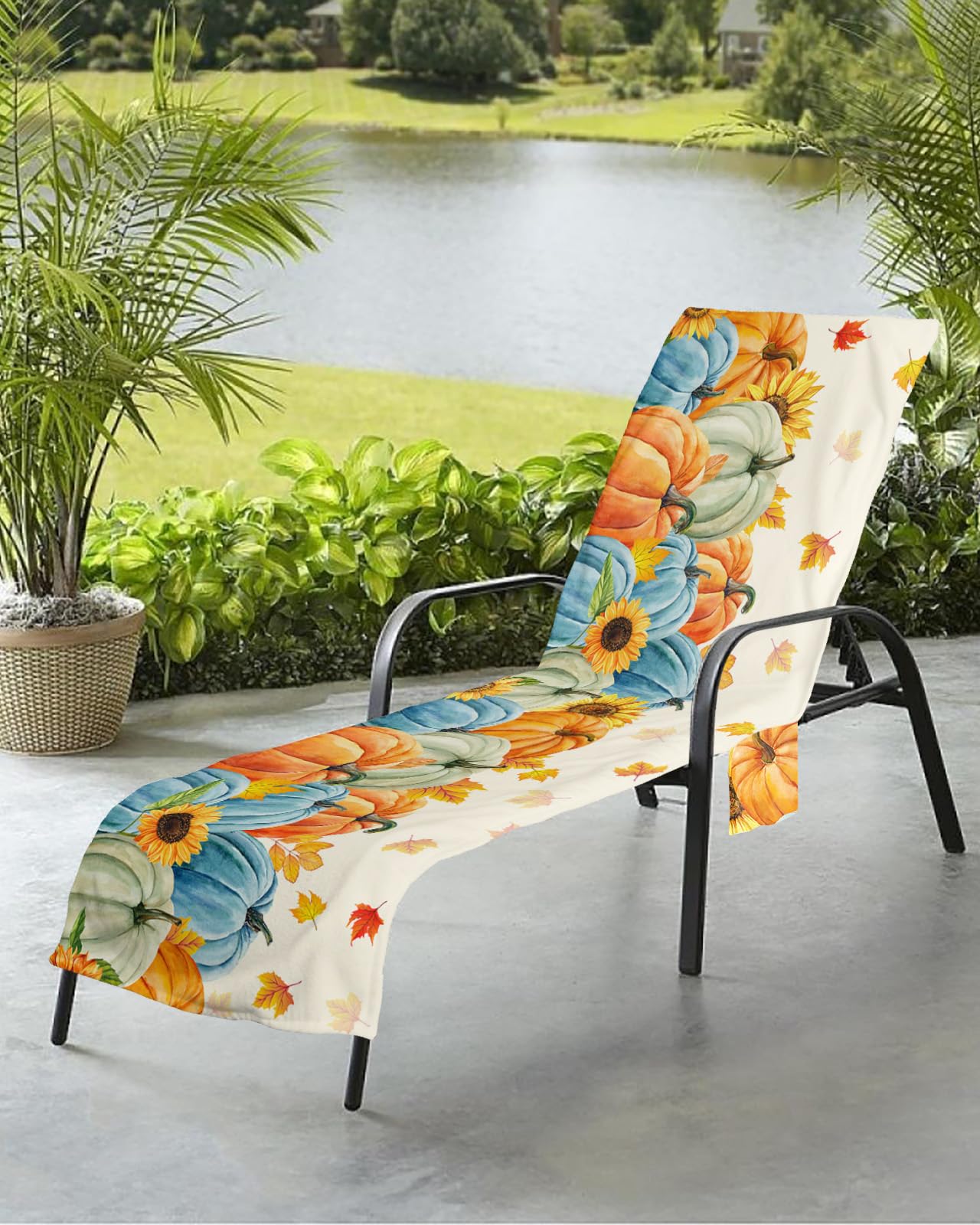 Thanksgiving Fall Beach Chair Towel Covers for Chaise Lounge with Side Pocket, Soft Plush Pool Towels Cover for Patio Sunbathing Outdoor 29''x85'' Colored Pumpkins Maple Leaves