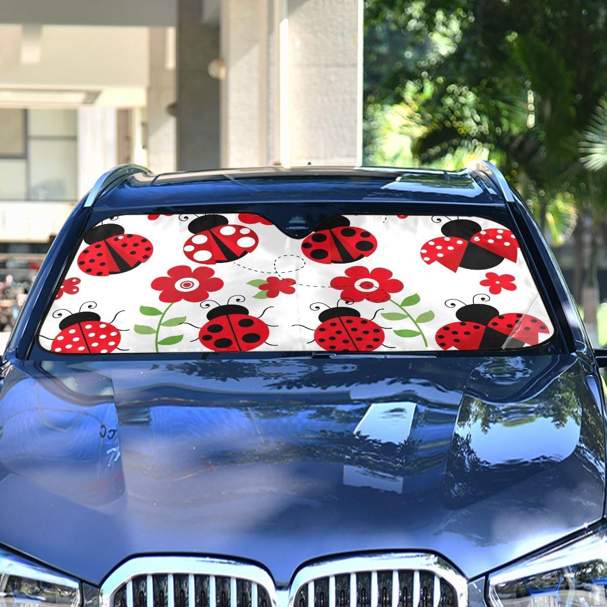 Ladybugs Flower Car Windshield Sun Shade Red Scarab Foldable UV Ray Sun Visor Protector Sunshade to Keep Your Vehicle Cool (55" x 27.6")