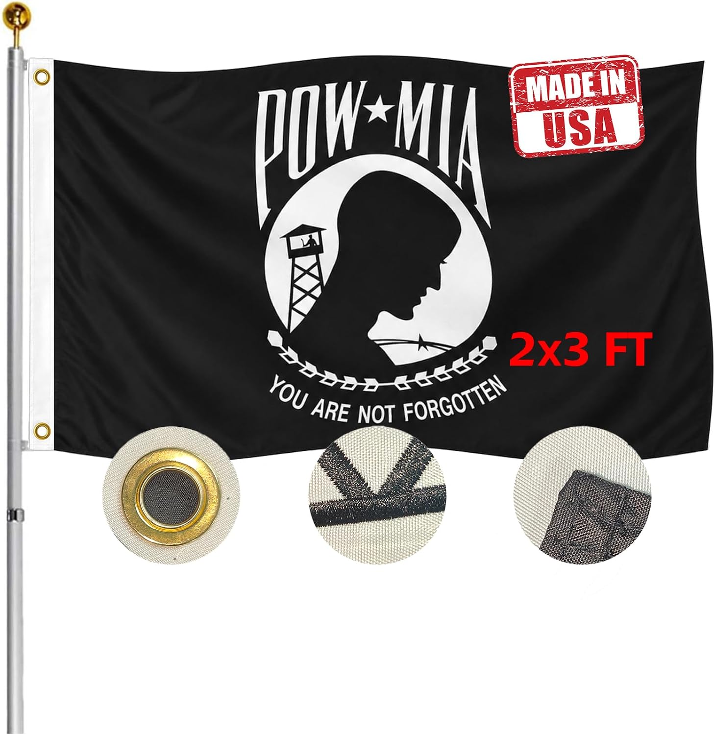 Double Sided Pow Mia Flag 4x6 FT Outdoor- UV Fade Resistant 3Ply Black Pow Flag Banner with 2 Brass Grommet-Memorial Veterans,Armed Forces,Military Prisoner Flag