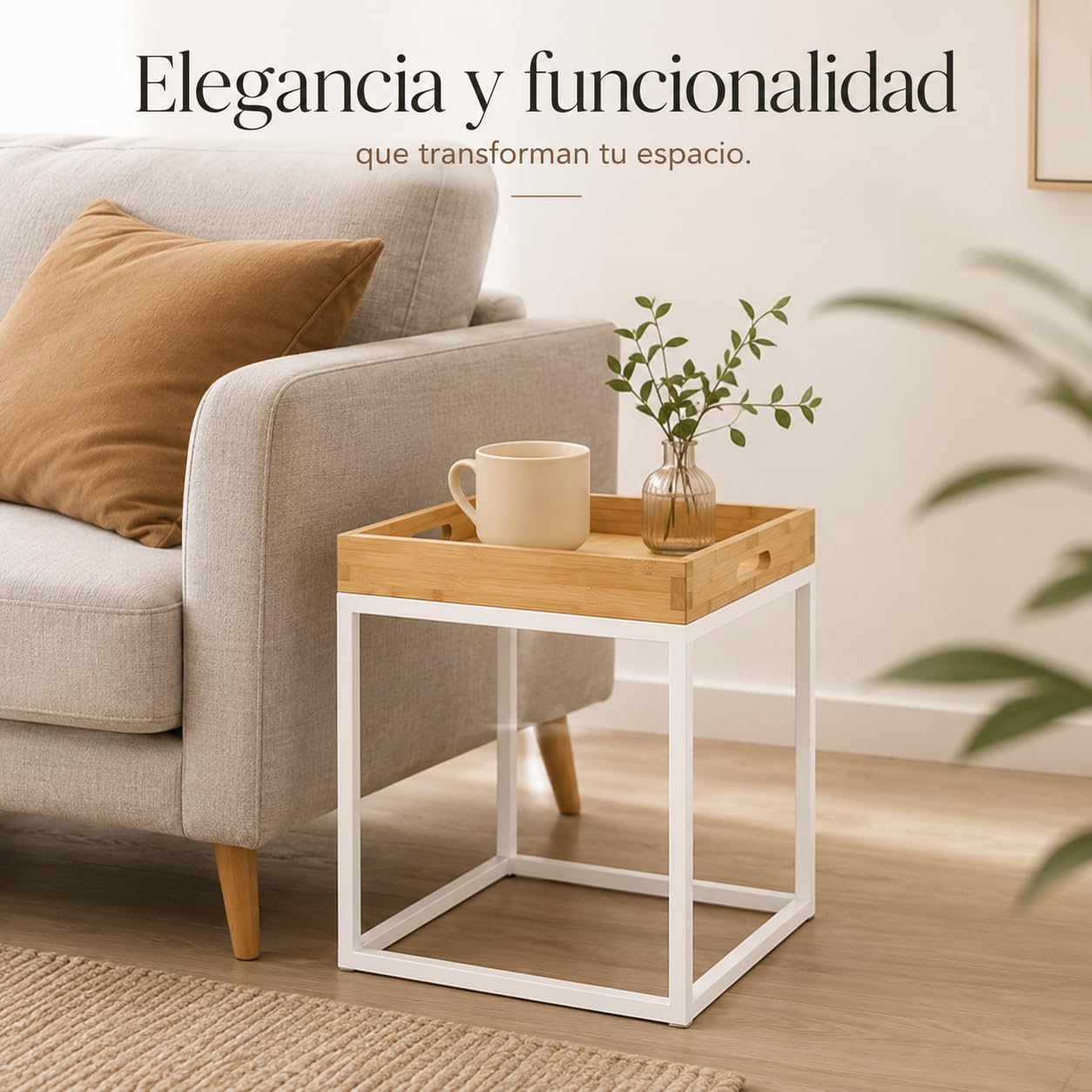 Mesas de Centro Nido XZ-22166-1 Set 2, Cuadradas Bambú y Metal, Estilo Nórdico, Color Blanco, Mesas Auxiliares para Salón, Diseño Moderno y Resistente