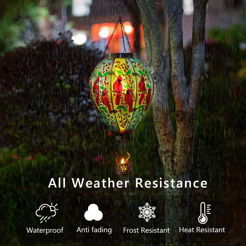 Extra Large Hot Air Balloon Solar Lantern with Flame, Waterproof Outdoor Lantern with Decor for Patio, Porch, Present for Women(Red Cardinal)