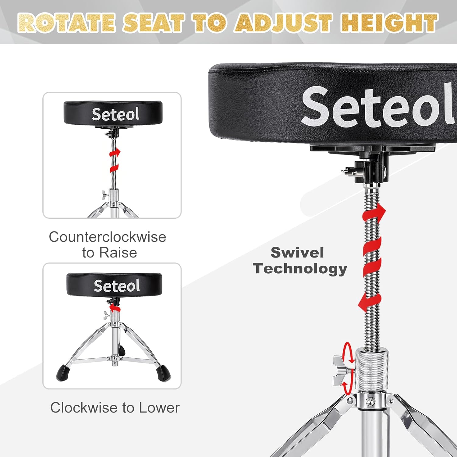 Heavy Duty Drum Throne 330 lbs, Saddle Drum Stool Height Adjustable, Ergonomic Thick Padded Drum Seat with 2 Pairs 5A Drumsticks & Drum Key for Adult Drummers