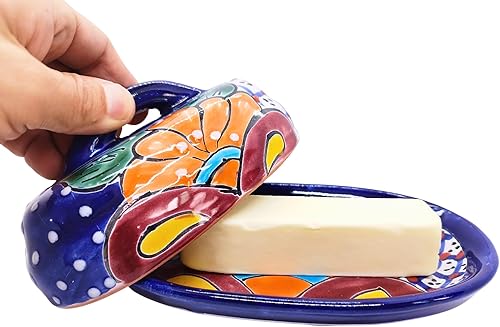 Miniatura 4 de Mantequillera Talavera de cerámica con tapa pintada a mano auténtica cerámica mexicana cocina diseño floral (azul)