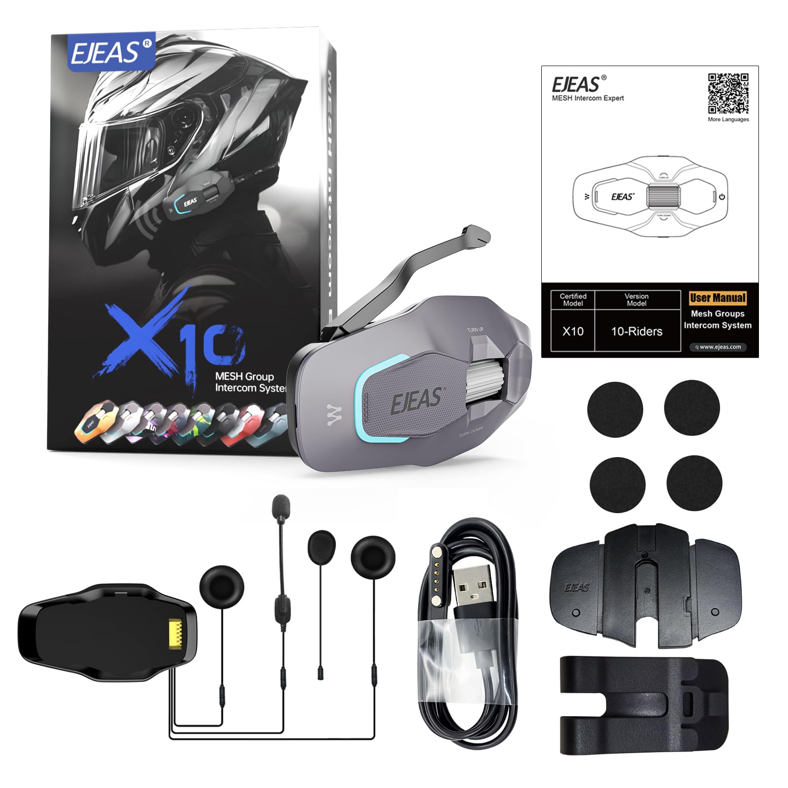 SolaMr X10 Interfono Moto, Mesh 4.0 Interfono Casco per 2 al 10 Persone Possono Parlare Liberamente, Bluetooth 5.1 Interphone Moto 1500m, Rete Integrata con Dispositivi Mobili Senza Limiti di Distanza