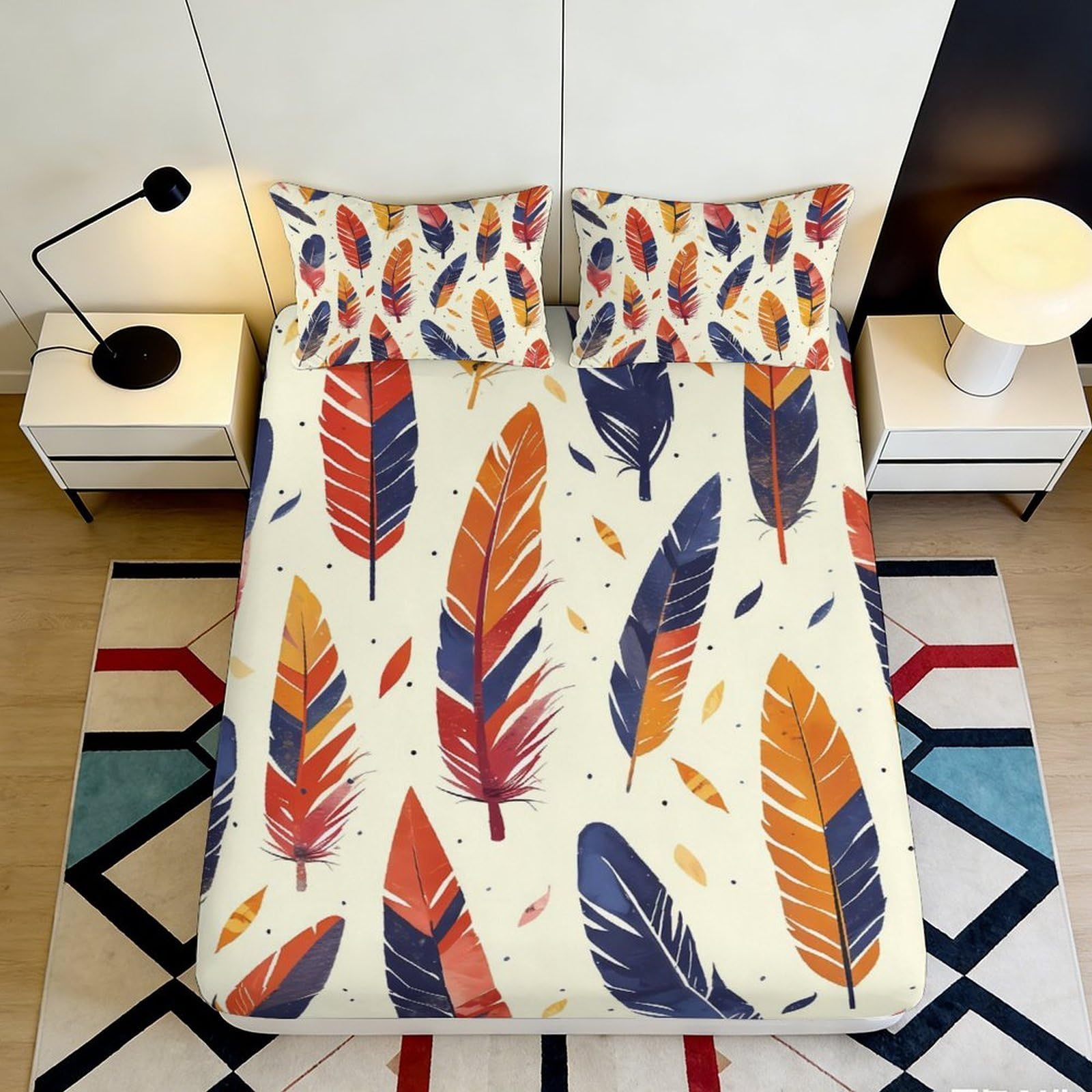 Jqzkxnhpbr Style-10 3D Printed Colorful Feather Fitted Sheet Microfiber Soft Bedroom Bed Cover Dorm Mattress Protection Decorative 90X200x25cm