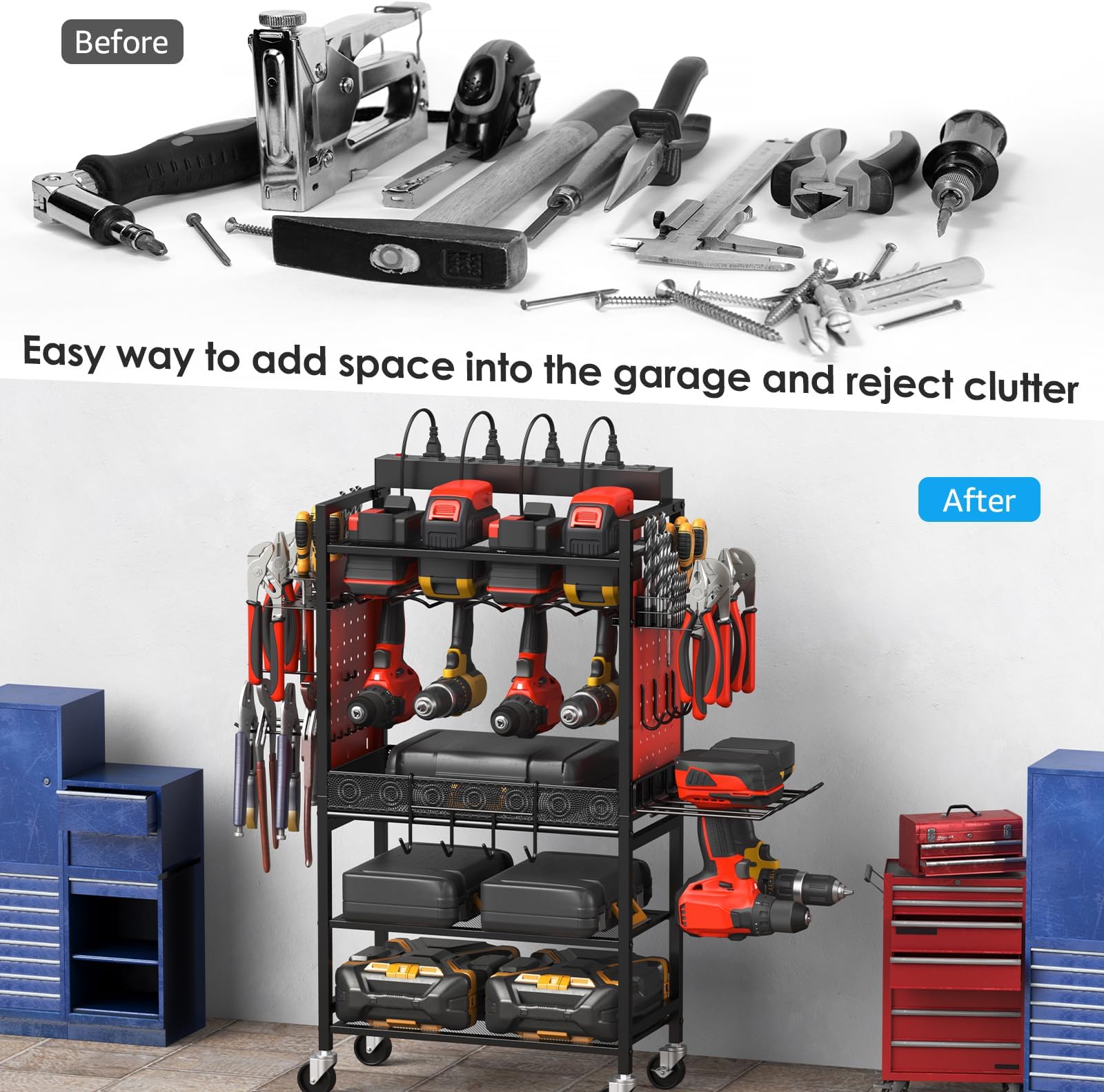 CCCEI Power Tool Organizer Cart with Charging Station, Garage Floor Rolling Storage Large Cart on Wheels for Mechanic, Mobile 6 Drill, Tool Box Utility Cart with Battery Charging Power Strip, Red.