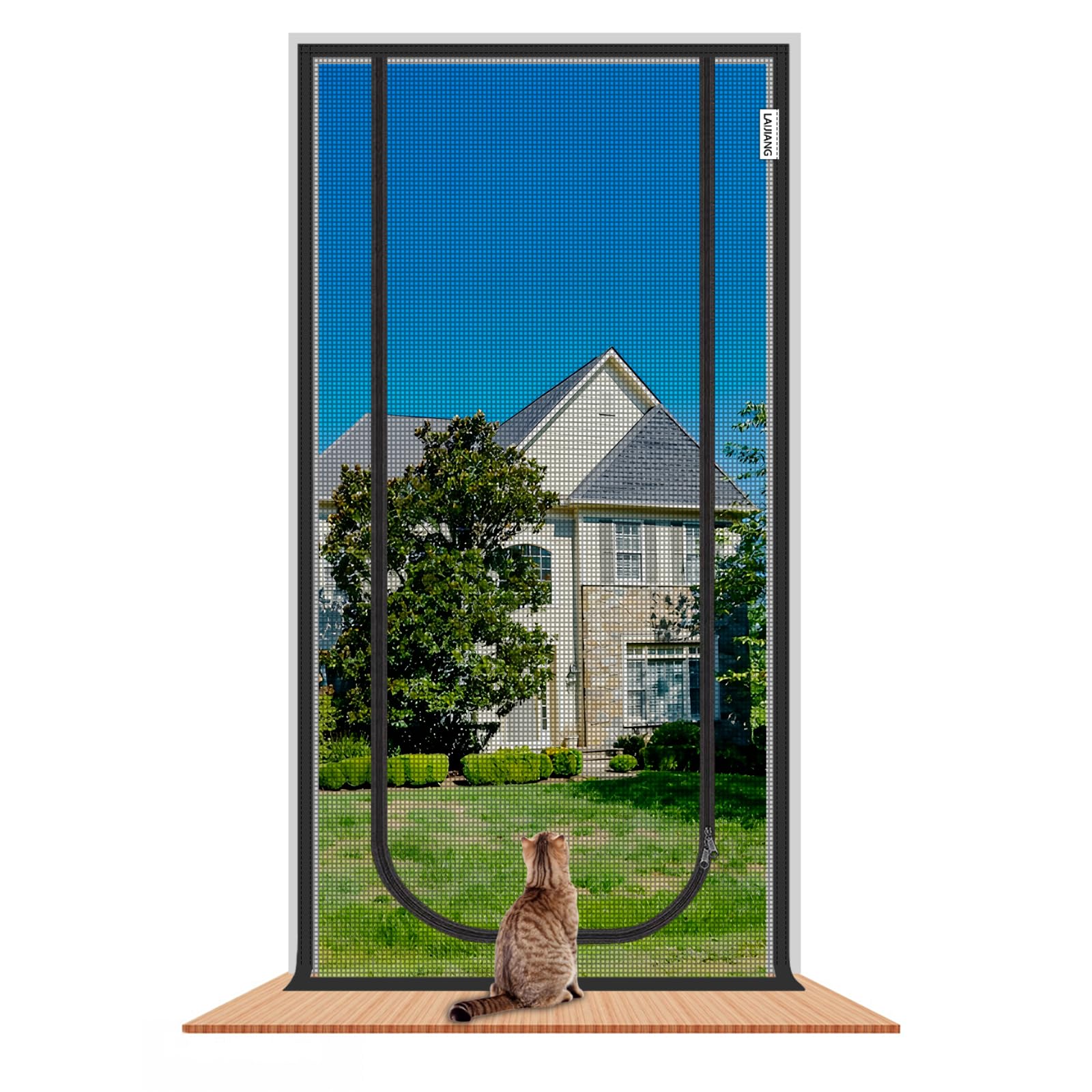 LAIJIANG Cat Screen Door, Reinforced Mesh Screen Door With Zipper Closure, Keep Cats Indoors, Claw Resistant, Bugs Out, Air Fresh, Pets Scratch Proof For Front Doors, Patio Doors (90x210cm)
