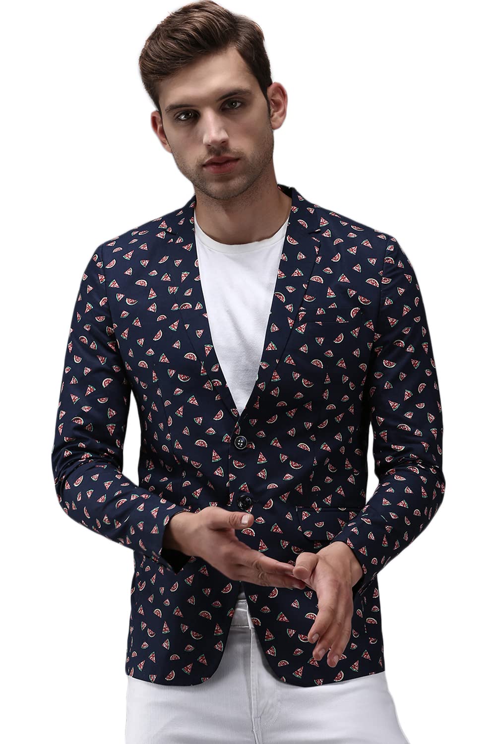 showoffff SHOWOFF Men's Mandarin Collar Navy Blue Printed Blazer-SOBLZ-274_NavyBlue-picture-50