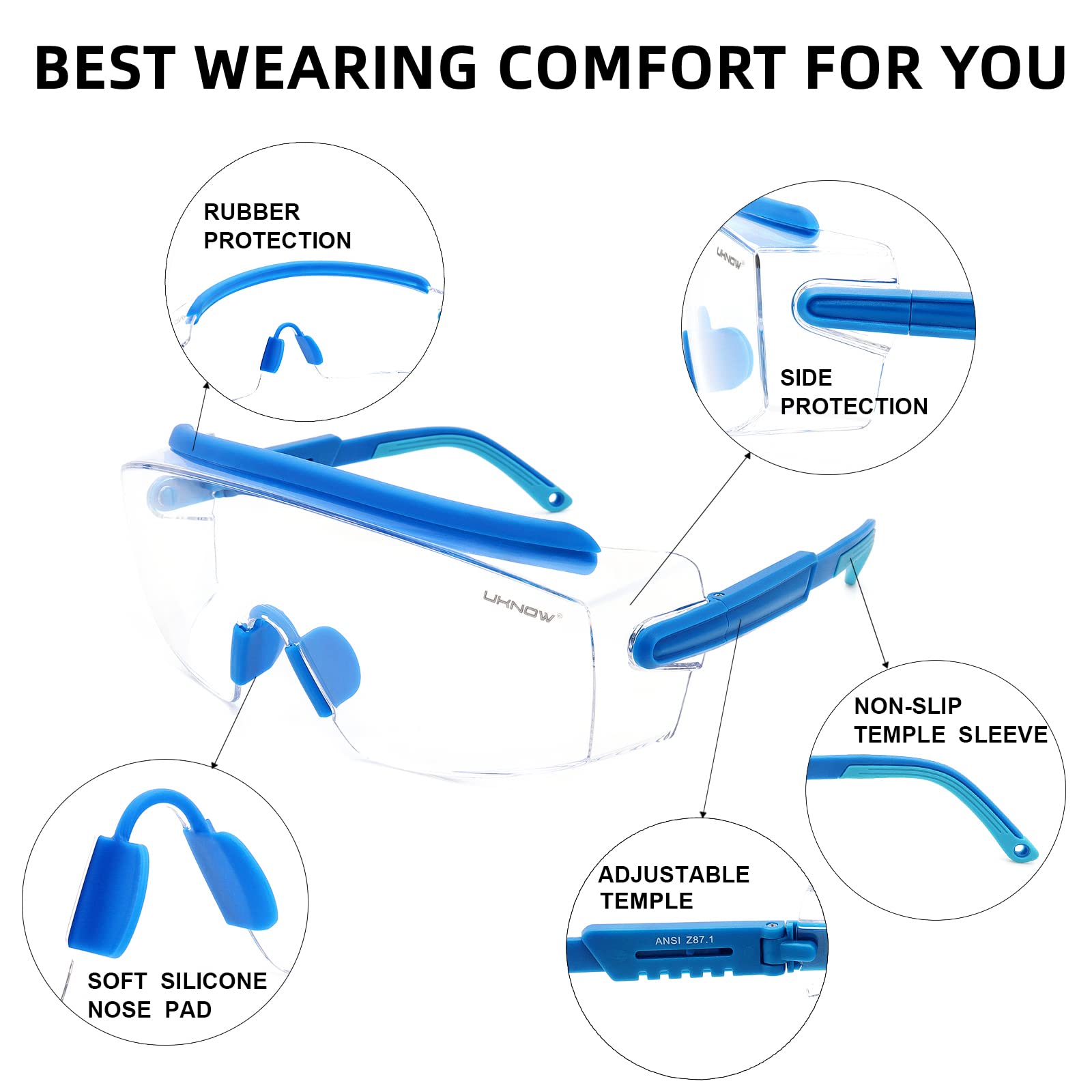 UKNOW Gafas de seguridad sobre gafas, gafas de seguridad antivaho con lente envolvente transparente, gafas protectoras ANSI Z87.1