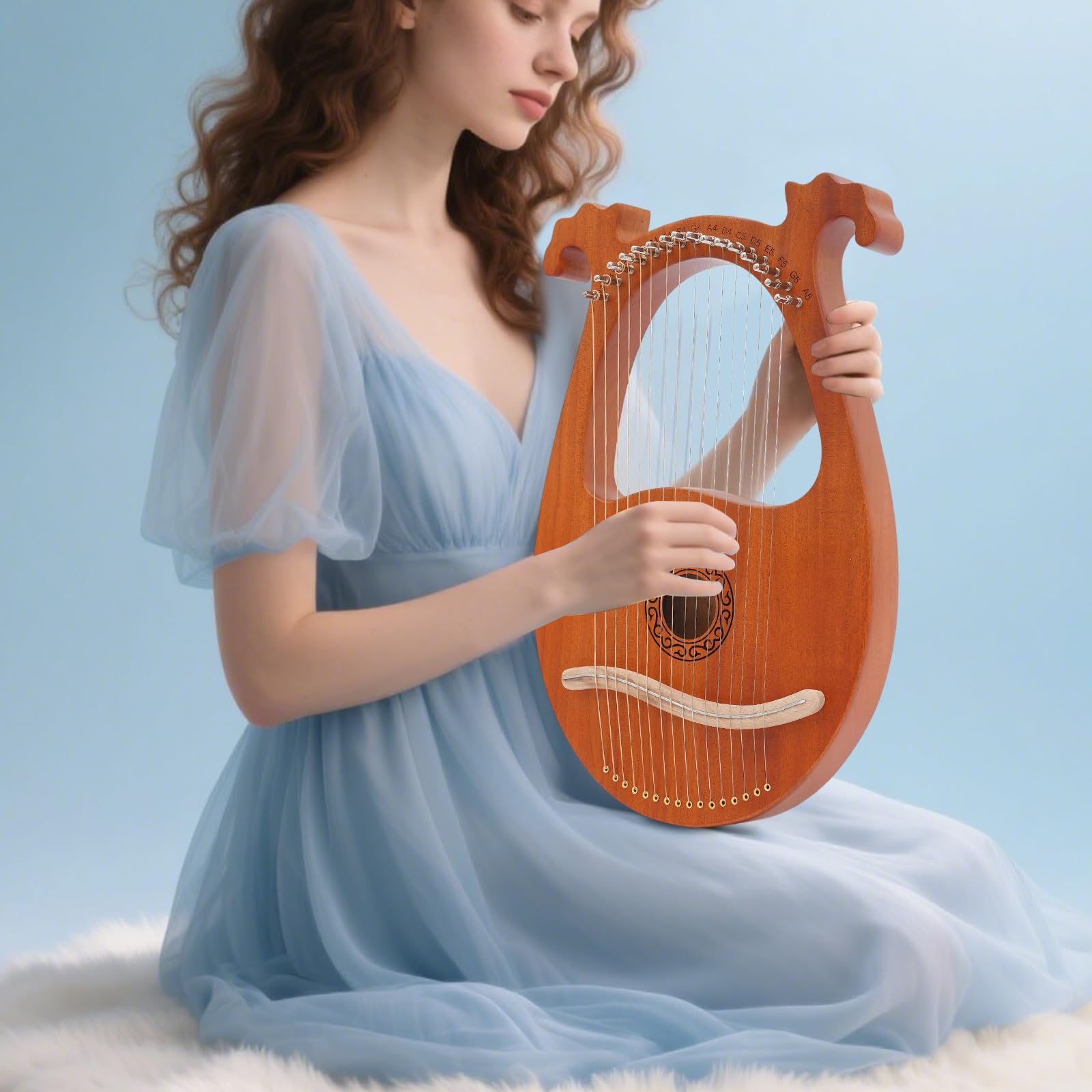 Arpa de 16 cuerdas con patrón europeo | Arpa de viaje ligera en aspecto de madera natural | Ideal para niños | Pedagogía musical y relajación en casa | Diseño elegante para salón, escuela y jardín