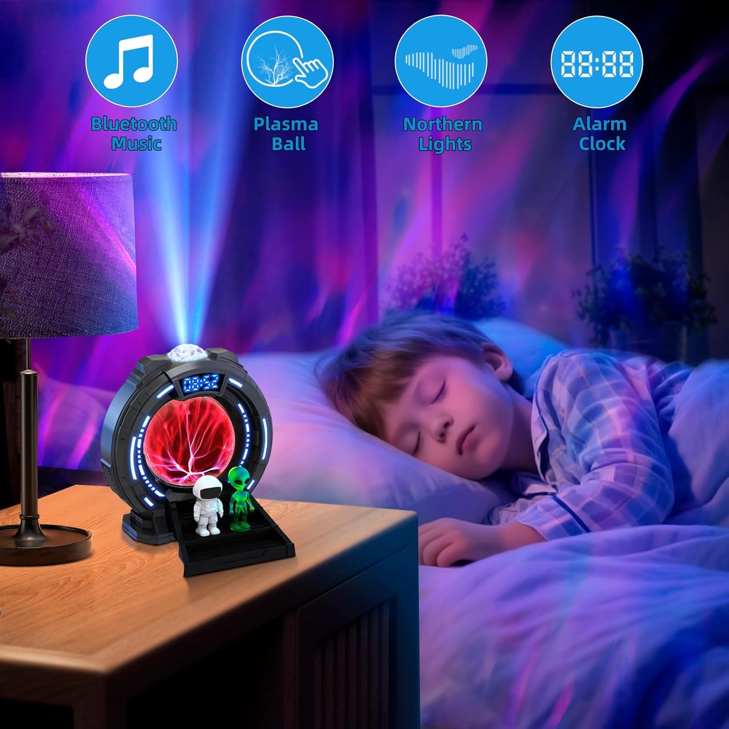 Northern Lights Projector for Kids, Galaxy Night Light 8 Color Changing Modes with Bluetooth Speaker & Time Alarm Clock for Home Bedroom Decor, Birthday, Gift Idea