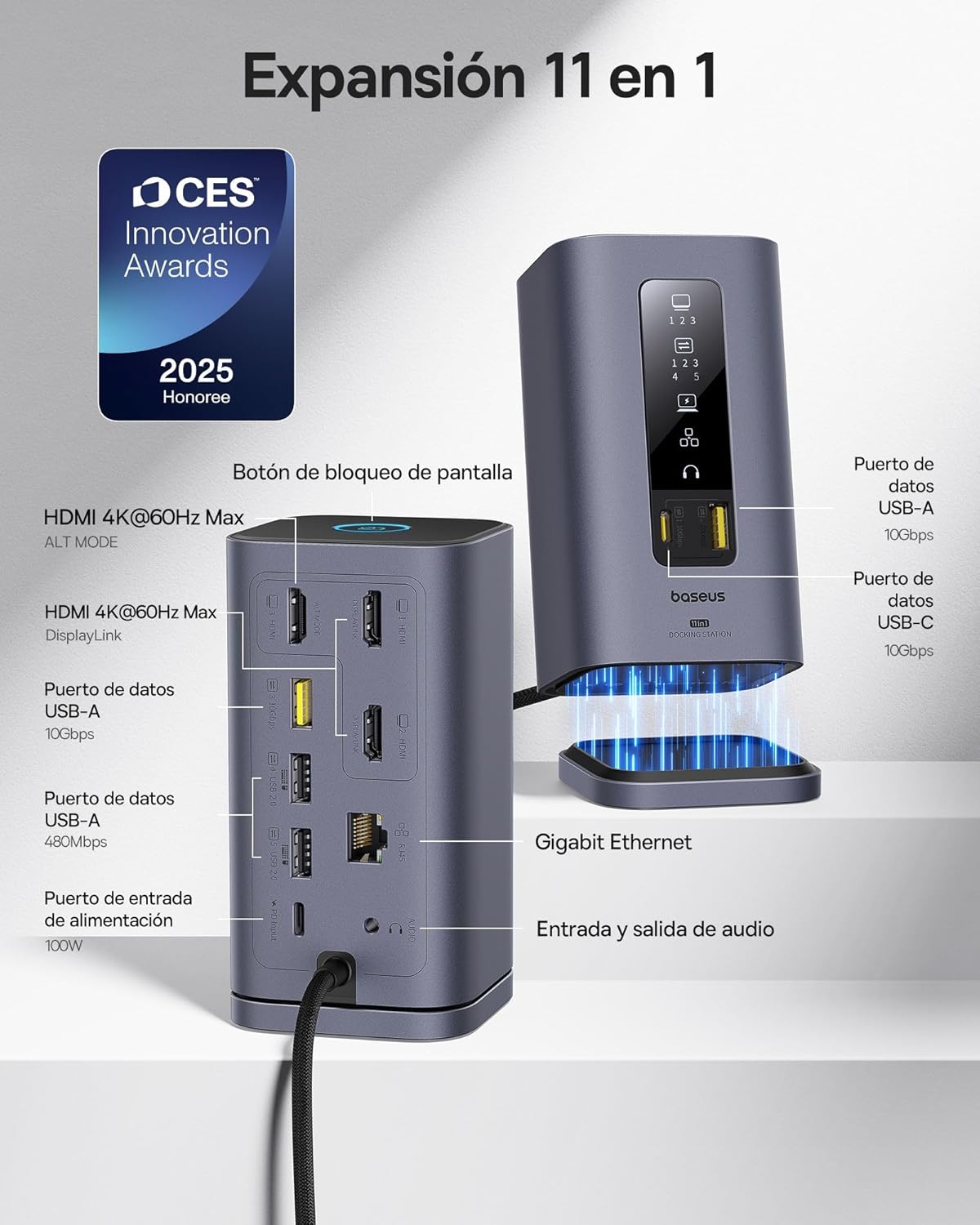 Baseus Spacemate Displaylink Docking Station USB C, 11 en 1, 3 Monitor 4K, 10Gbps USB-C/A, PD 100W, Ethernet, Audio, para M1/M2/M3/Win y MacOS 3