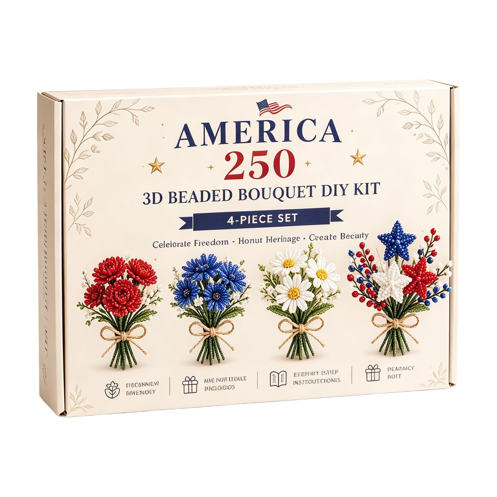 Introti America 250th Beaded Bouquet DIY Kit Multi Purpose 1776-2026 America Independence Day Craft Set Reusable Patriotic Flowers Handmade Craft Sets for Party&Celebration Ornament (C)