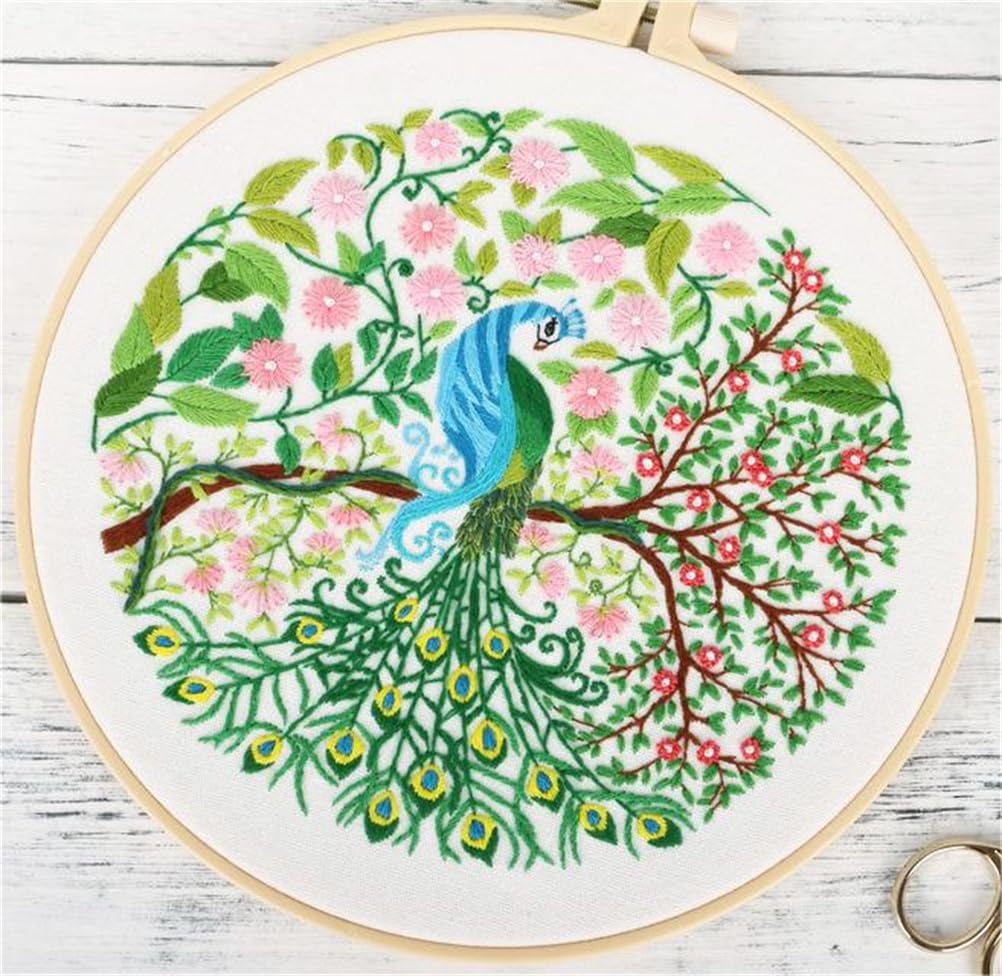 Meecaa Peacock Green Tree Flower Embroidery Kit Starter Set, Hand Embroidery Set,Pattern Printed Cross Stitch Set for Beginner Adults, with Embroidery Hoop and Instructions (Peacock)