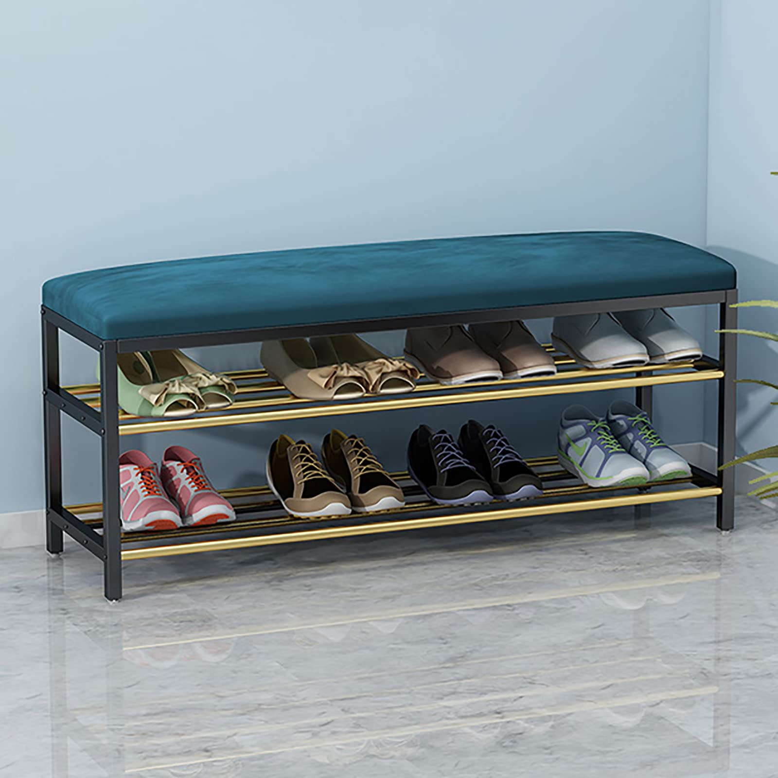MYUYEE Shoe Storage Bench Ottoman Storage Benches Entryway Shoe Bench With Storage,2 Tier Metal Shoe Rack With Faux Leather Seat,Upholstered Shoe Storage Orga For Hallway Bedroo(Navy-100X30X45Cm)