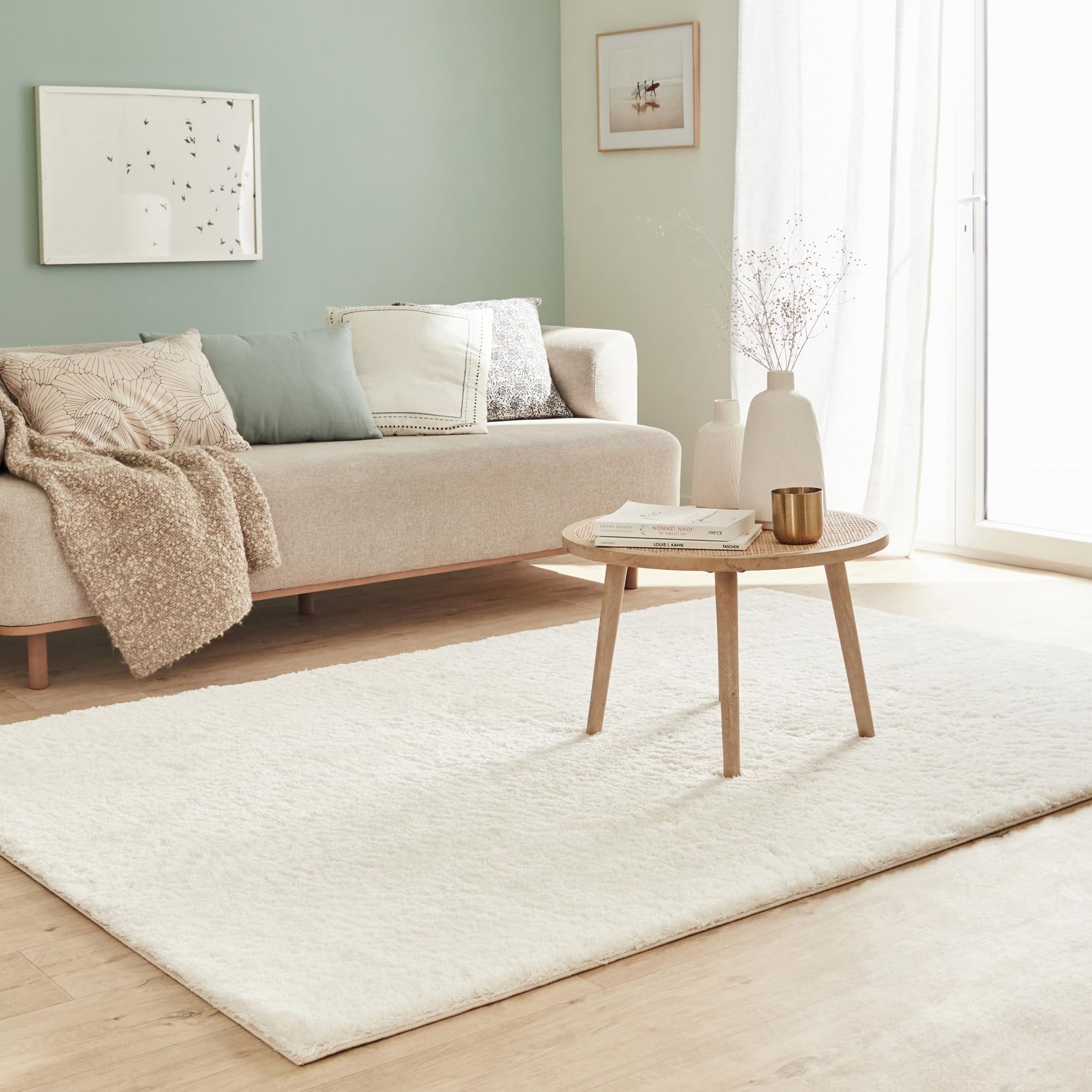 Nazar Tapis Cosy Uni Shaggy Moelleux, Salon, Chambre, Doux à Poils Longs (160x230 cm, Blanc)