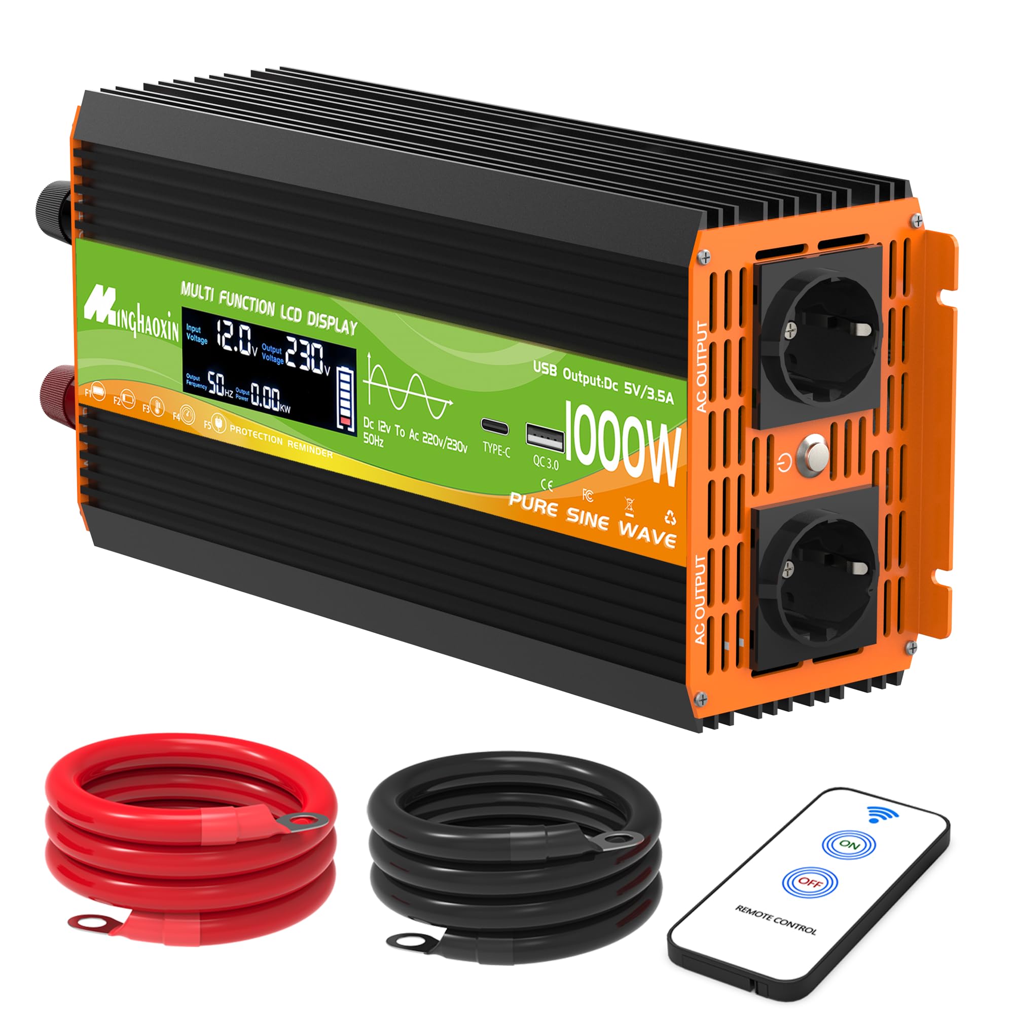Convertisseur 1000W 12v 220v Pur Sinus Onduleur,Transformateur -2 Prise EU De Courant Alternatif,Ports USB+Type-C,Télécommande sans Fil Et écran LCD,pour énergie Cars, Coupures De Courant, Voyages